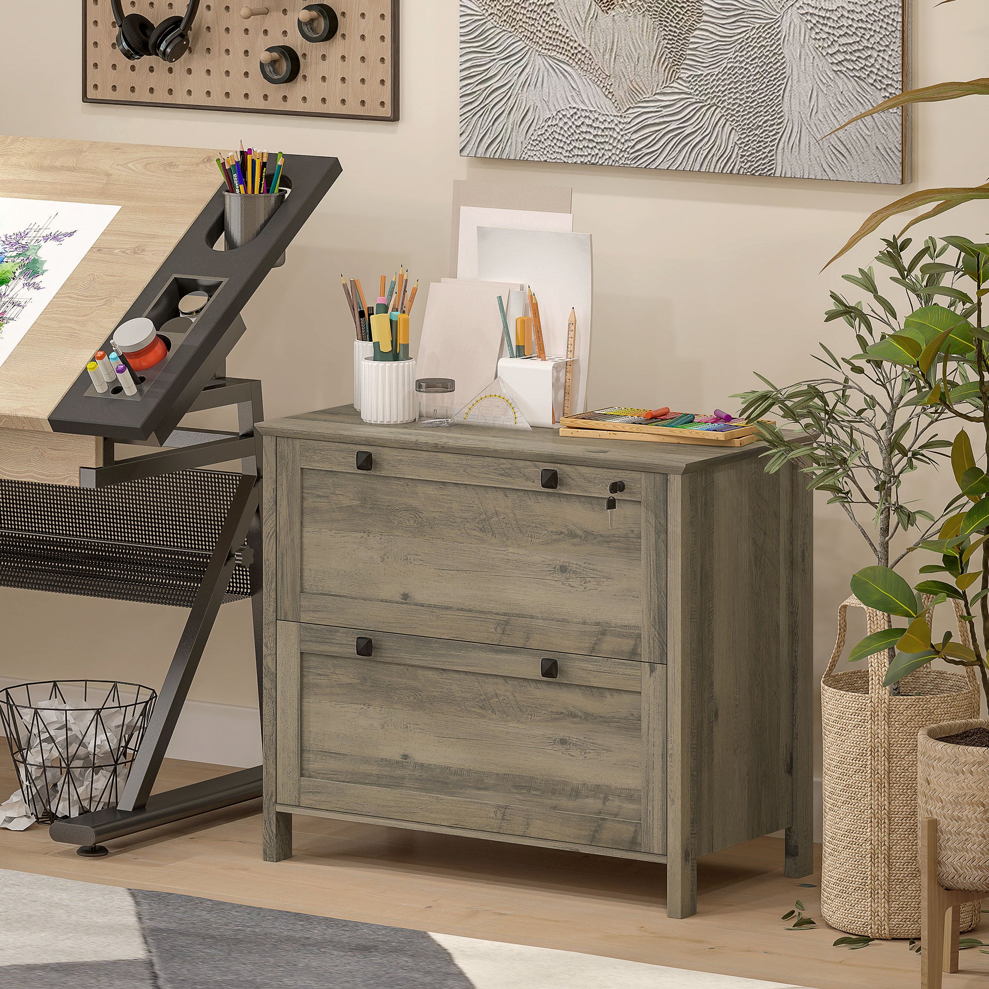 2 Drawer File Cabinet, Lockable Filing Cabinet with Adjustable Hanging Bar for Letter, A4 Size, Weathered Grey Oak-Office Products > Office Furniture > Office Cabinets & Cupboards-DECOROLALA