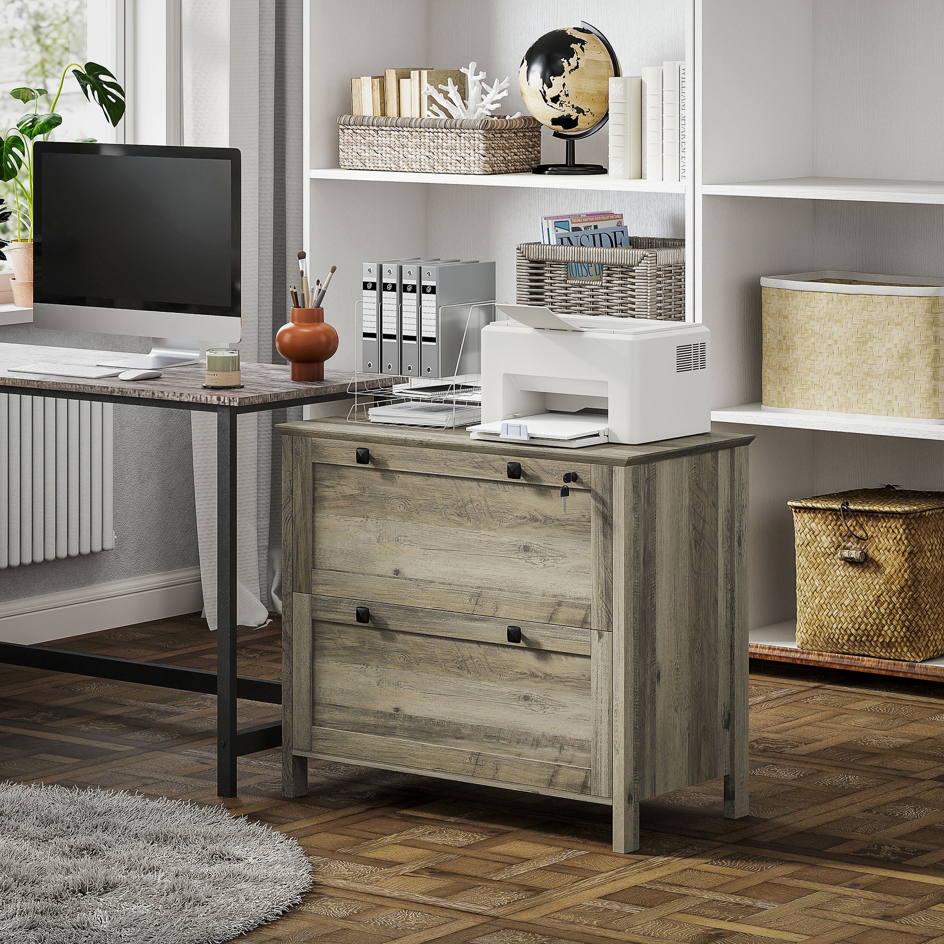 2 Drawer File Cabinet, Lockable Filing Cabinet with Adjustable Hanging Bar for Letter, A4 Size, Weathered Grey Oak-Office Products > Office Furniture > Office Cabinets & Cupboards-DECOROLALA
