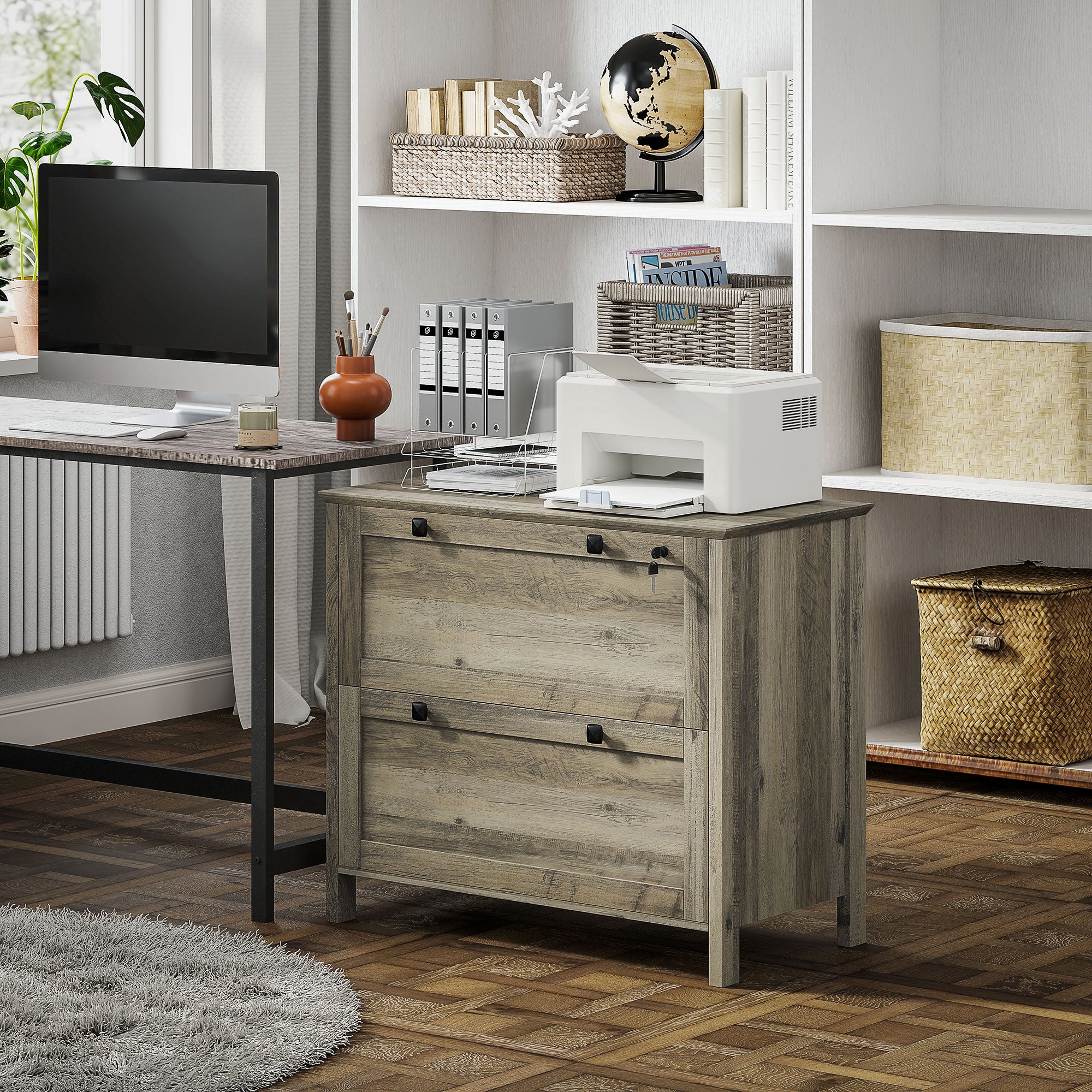 2 Drawer File Cabinet, Lockable Filing Cabinet with Adjustable Hanging Bar for Letter, A4 Size, Weathered Grey Oak-Office Products > Office Furniture > Office Cabinets & Cupboards-DECOROLALA