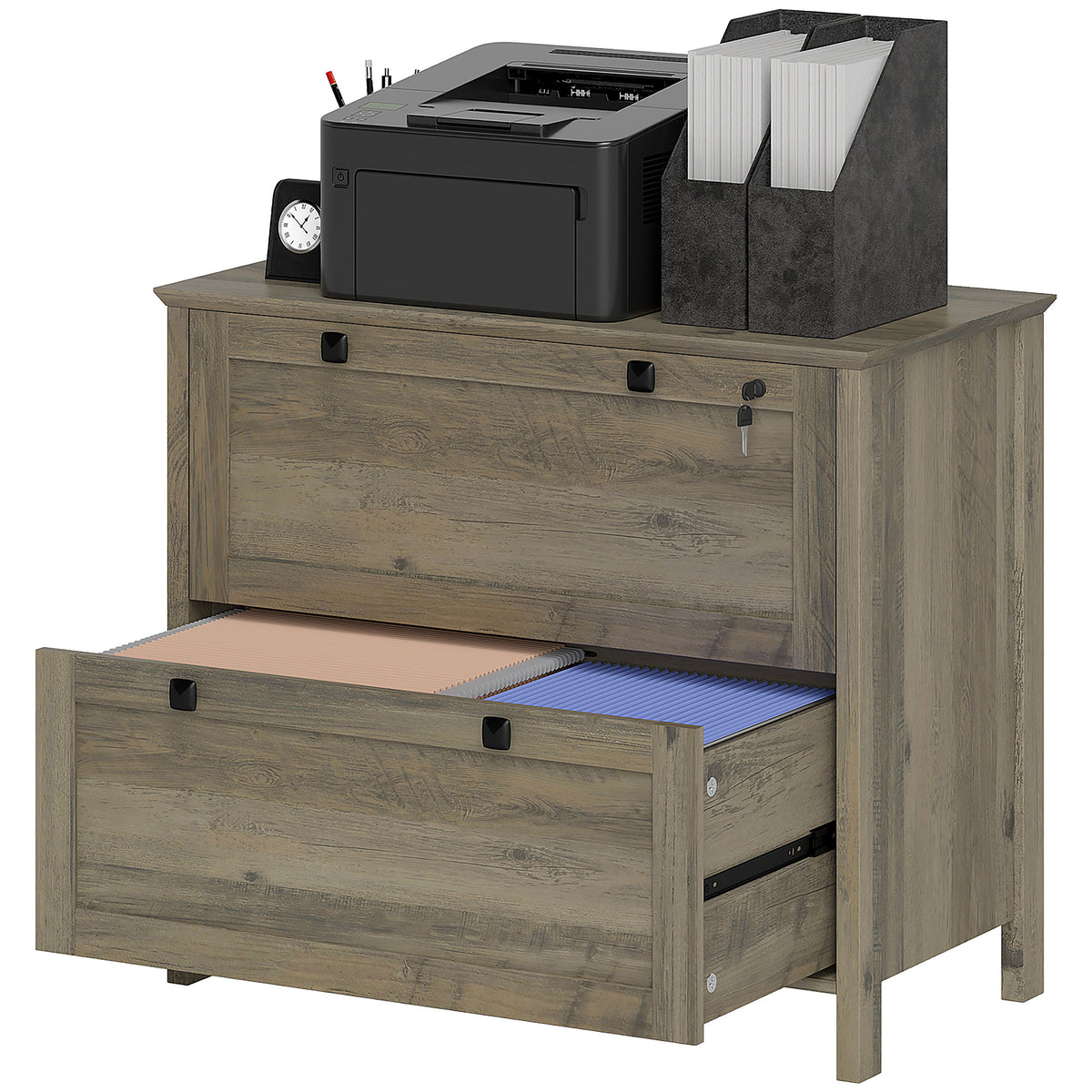 2 Drawer File Cabinet, Lockable Filing Cabinet with Adjustable Hanging Bar for Letter, A4 Size, Weathered Grey Oak-Office Storage Cabinets-DECOROLALA