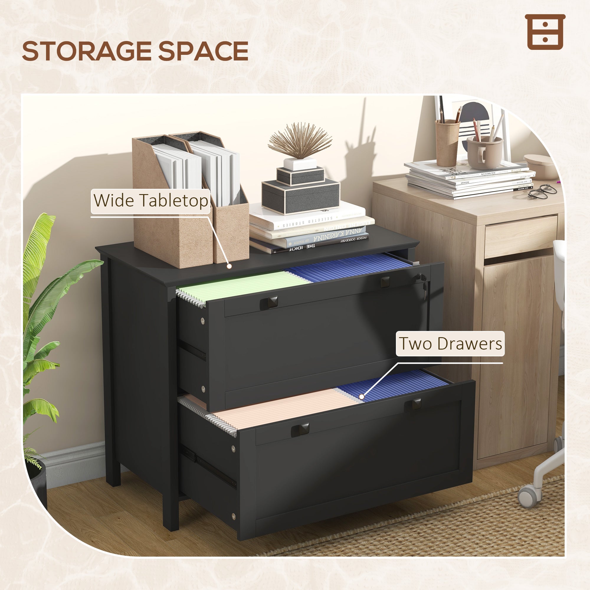 2 Drawer File Cabinet, Lockable Filing Cabinet with Adjustable Hanging Bar for Letter, A4 and Legal Size, Black-Office Products > Office Furniture > Office Cabinets & Cupboards-DECOROLALA