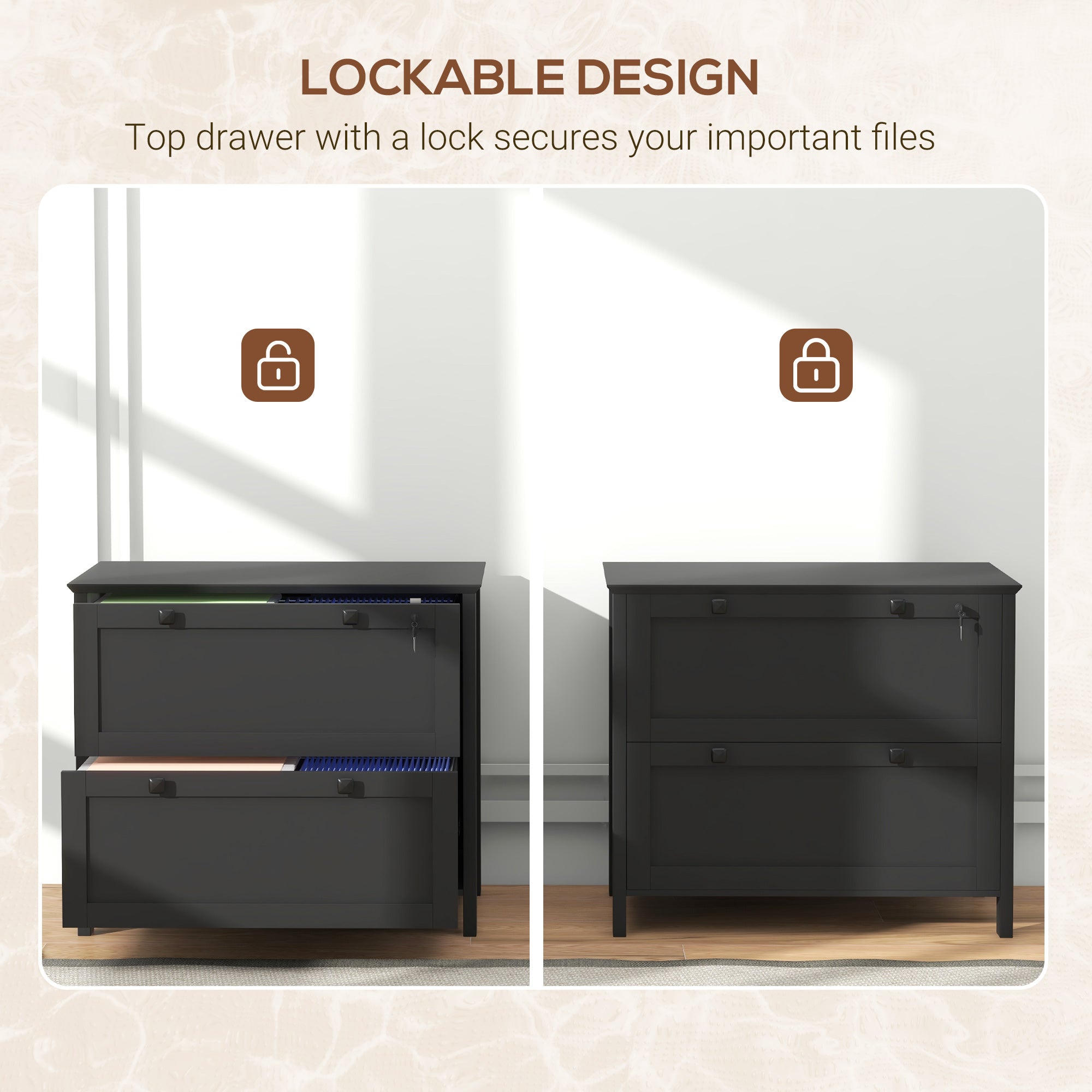 2 Drawer File Cabinet, Lockable Filing Cabinet with Adjustable Hanging Bar for Letter, A4 and Legal Size, Black-Office Products > Office Furniture > Office Cabinets & Cupboards-DECOROLALA