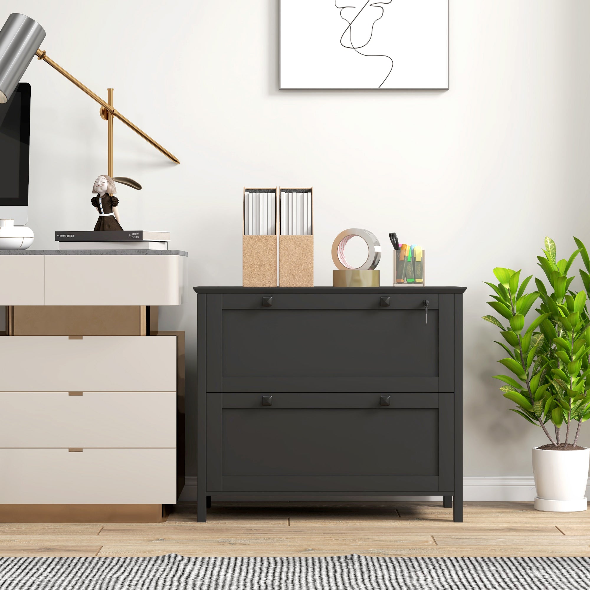 2 Drawer File Cabinet, Lockable Filing Cabinet with Adjustable Hanging Bar for Letter, A4 and Legal Size, Black-Office Products > Office Furniture > Office Cabinets & Cupboards-DECOROLALA