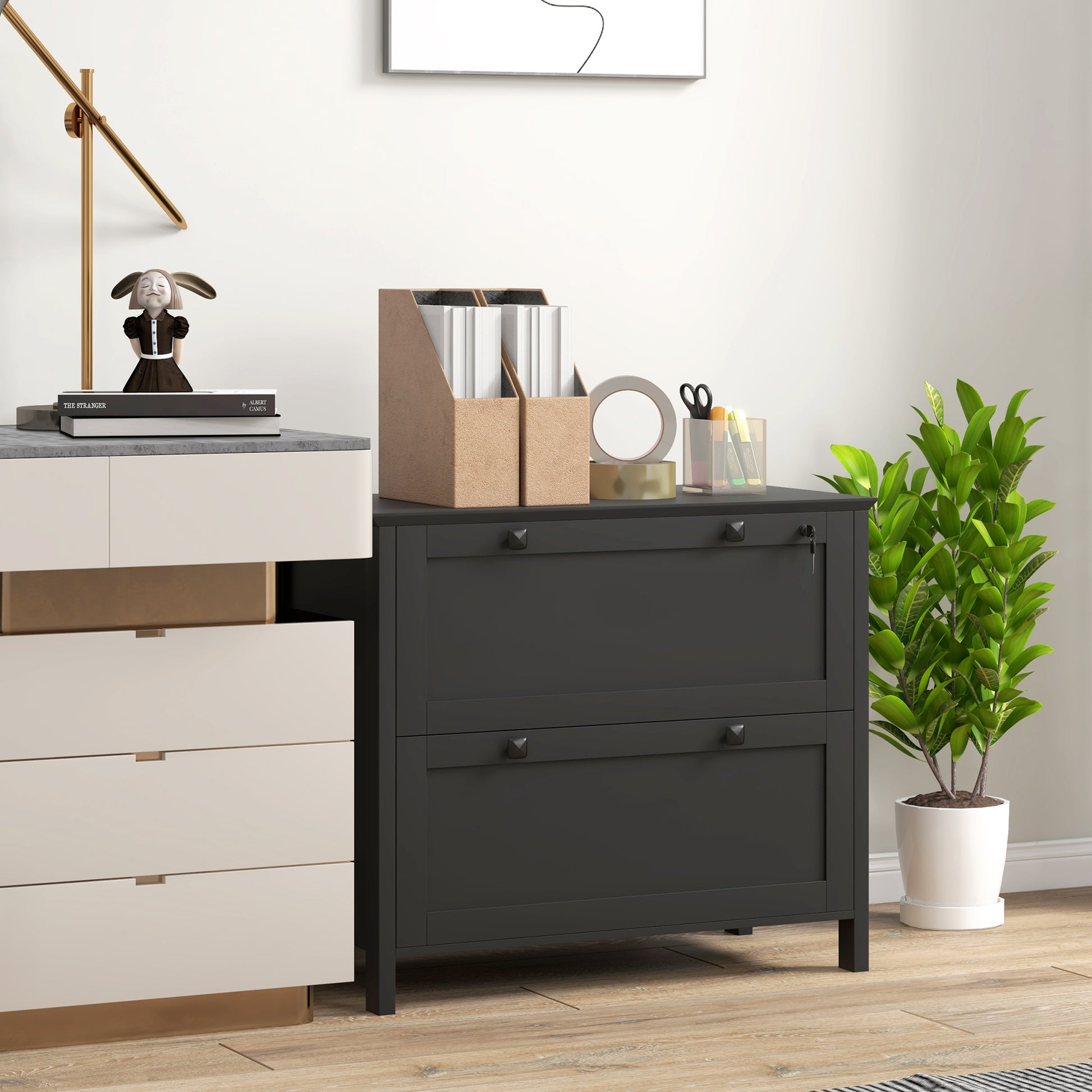 2 Drawer File Cabinet, Lockable Filing Cabinet with Adjustable Hanging Bar for Letter, A4 and Legal Size, Black-Office Products > Office Furniture > Office Cabinets & Cupboards-DECOROLALA