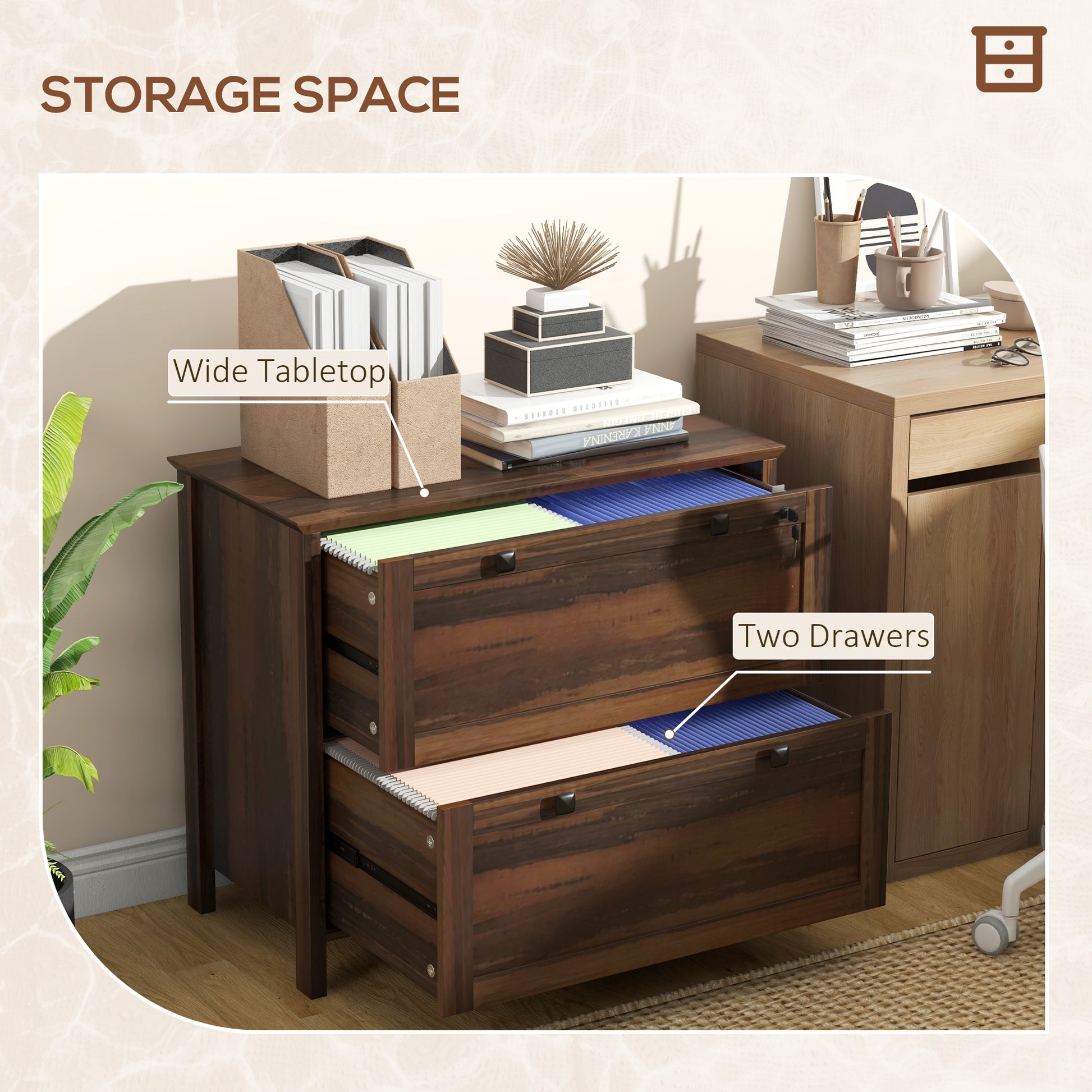 2 Drawer File Cabinet, Lockable Filing Cabinet with Adjustable Hanging Bar for Letter, A4 and Legal Size, Brown-Office Products > Office Furniture > Office Cabinets & Cupboards-DECOROLALA