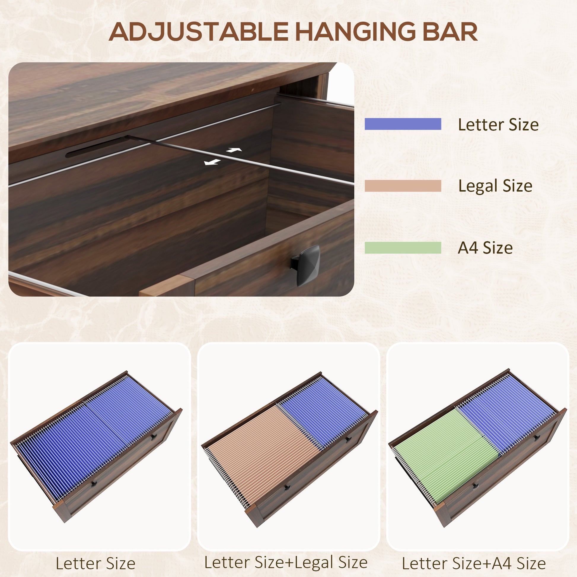 2 Drawer File Cabinet, Lockable Filing Cabinet with Adjustable Hanging Bar for Letter, A4 and Legal Size, Brown-Office Products > Office Furniture > Office Cabinets & Cupboards-DECOROLALA