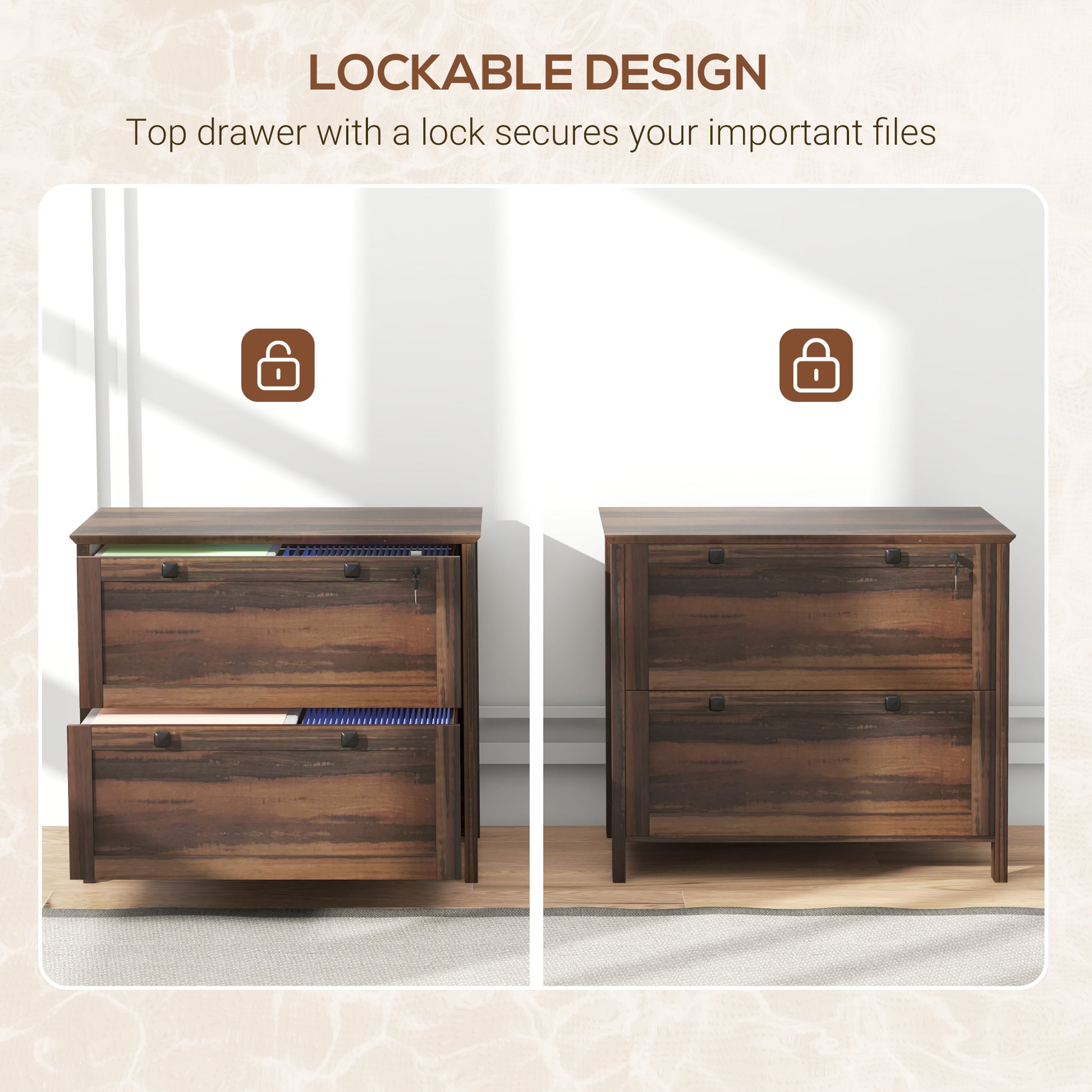 2 Drawer File Cabinet, Lockable Filing Cabinet with Adjustable Hanging Bar for Letter, A4 and Legal Size, Brown-Office Products > Office Furniture > Office Cabinets & Cupboards-DECOROLALA
