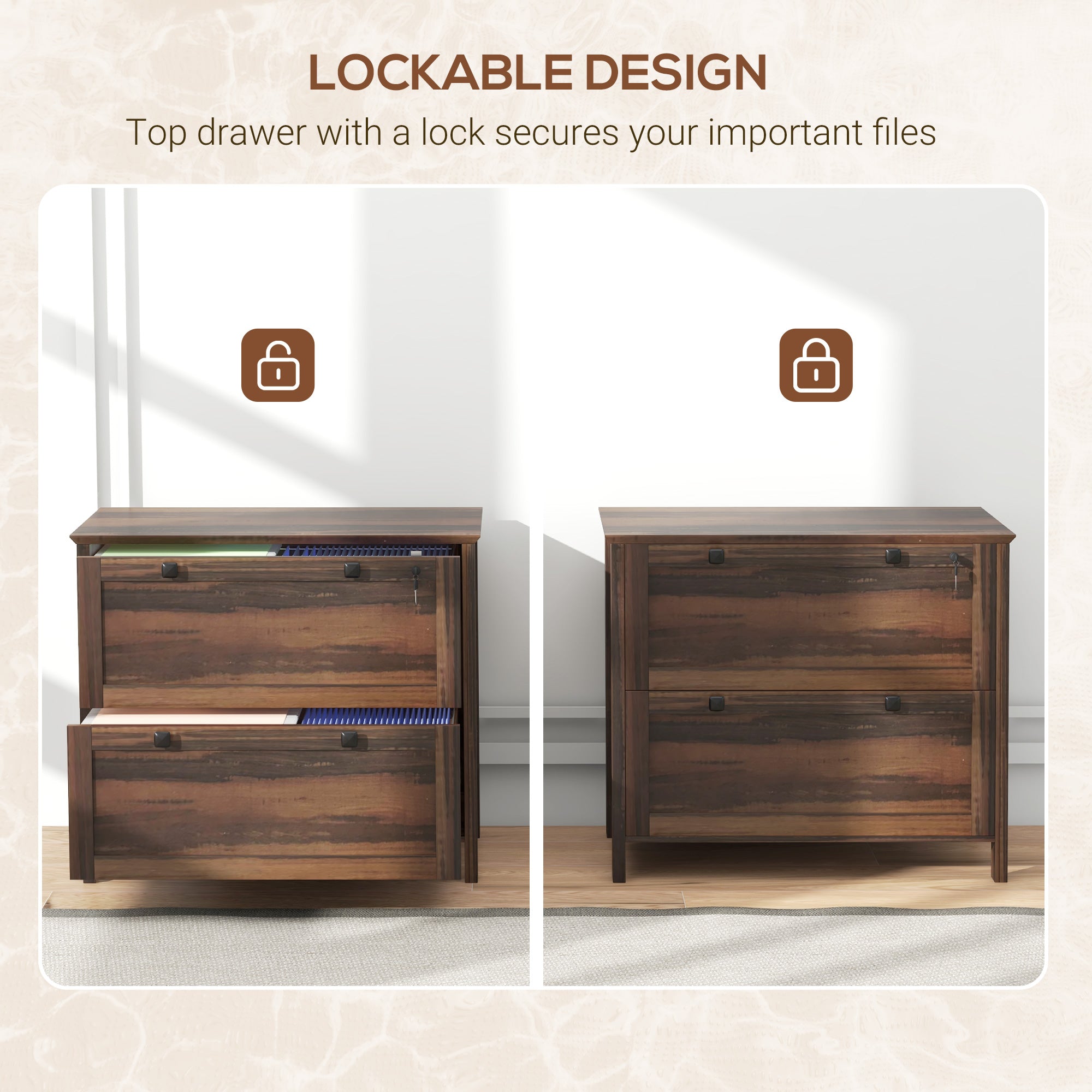 2 Drawer File Cabinet, Lockable Filing Cabinet with Adjustable Hanging Bar for Letter, A4 and Legal Size, Brown-Office Products > Office Furniture > Office Cabinets & Cupboards-DECOROLALA