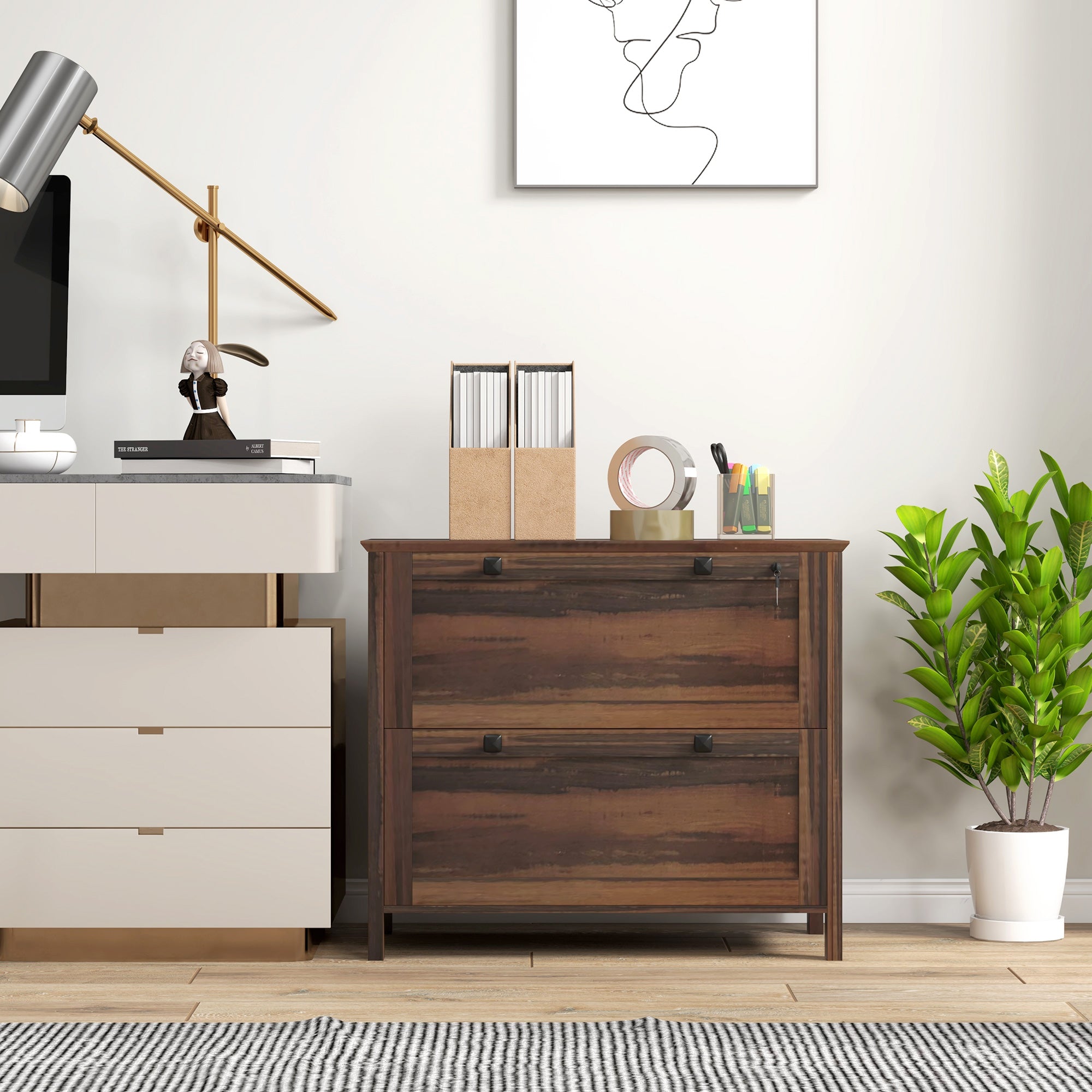 2 Drawer File Cabinet, Lockable Filing Cabinet with Adjustable Hanging Bar for Letter, A4 and Legal Size, Brown-Office Products > Office Furniture > Office Cabinets & Cupboards-DECOROLALA