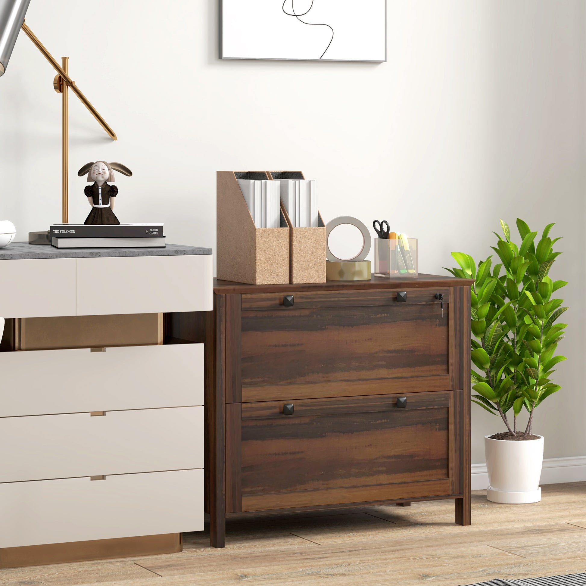 2 Drawer File Cabinet, Lockable Filing Cabinet with Adjustable Hanging Bar for Letter, A4 and Legal Size, Brown-Office Products > Office Furniture > Office Cabinets & Cupboards-DECOROLALA