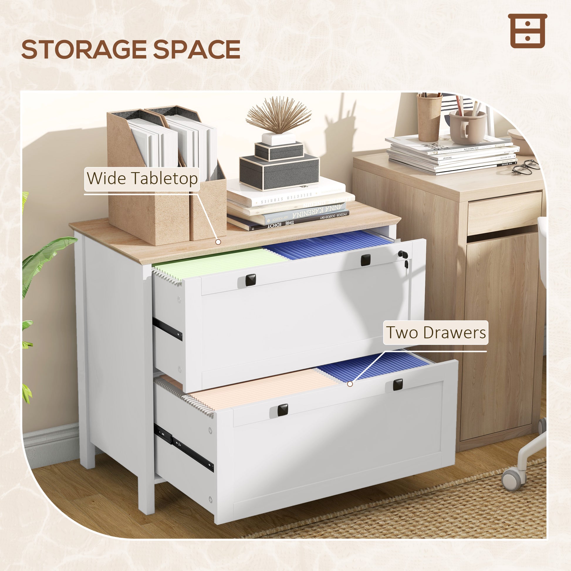 2 Drawer File Cabinet, Lockable Filing Cabinet with Adjustable Hanging Bar for Letter, A4 and Legal Size, White-Office Products > Office Furniture > Office Cabinets & Cupboards-DECOROLALA