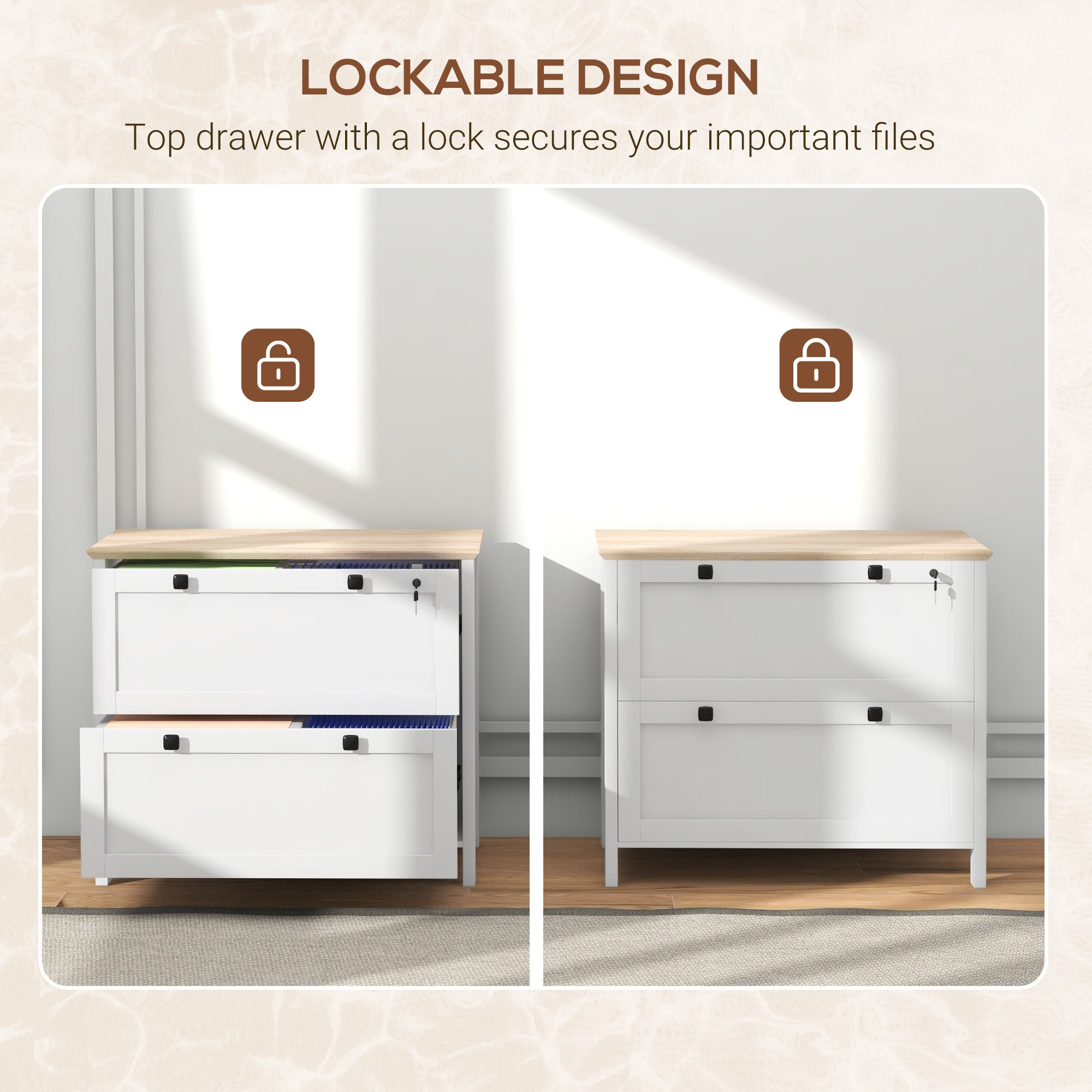 2 Drawer File Cabinet, Lockable Filing Cabinet with Adjustable Hanging Bar for Letter, A4 and Legal Size, White-Office Products > Office Furniture > Office Cabinets & Cupboards-DECOROLALA