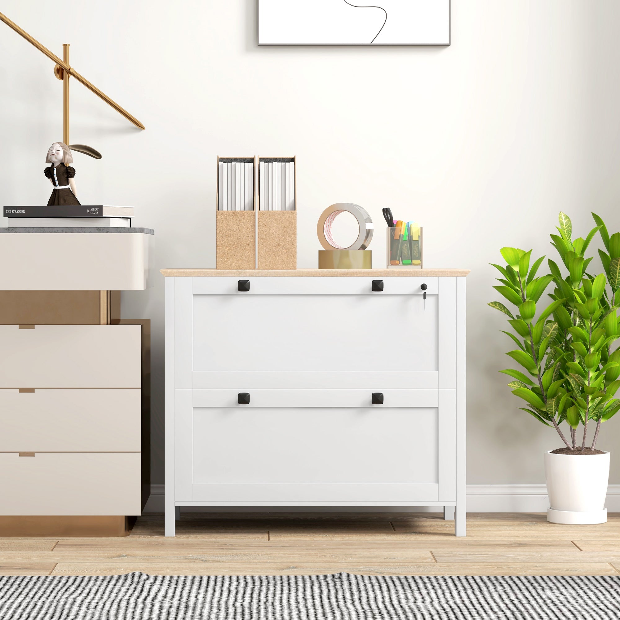 2 Drawer File Cabinet, Lockable Filing Cabinet with Adjustable Hanging Bar for Letter, A4 and Legal Size, White-Office Products > Office Furniture > Office Cabinets & Cupboards-DECOROLALA