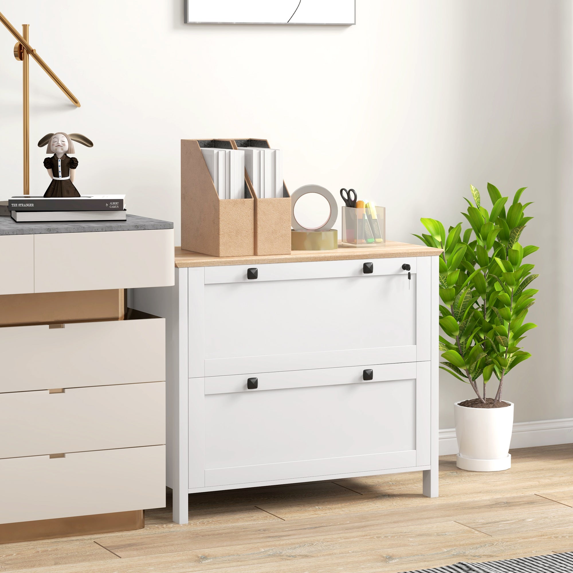 2 Drawer File Cabinet, Lockable Filing Cabinet with Adjustable Hanging Bar for Letter, A4 and Legal Size, White-Office Products > Office Furniture > Office Cabinets & Cupboards-DECOROLALA
