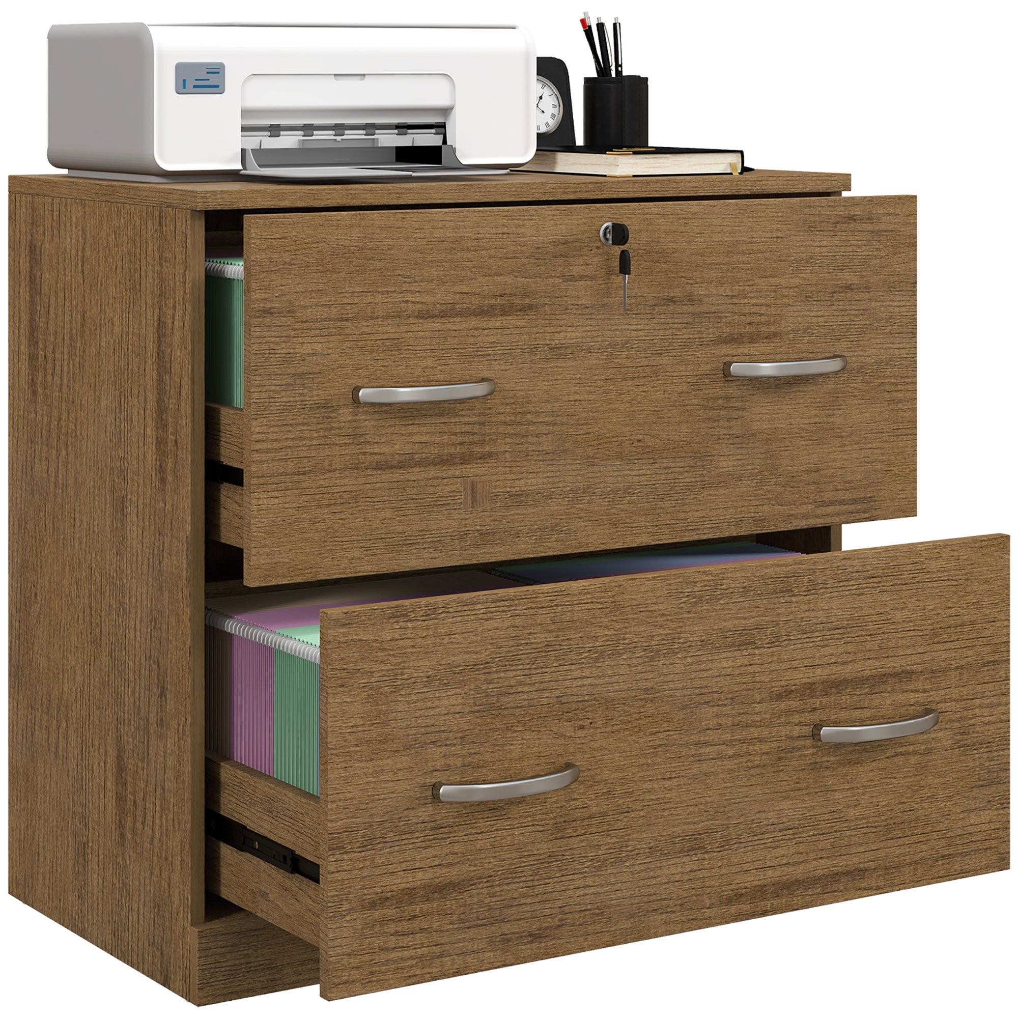 2-Drawer File Cabinet with Lock - Light Brown Letter Size-Office Products > Office Furniture > Office Cabinets & Cupboards-DECOROLALA