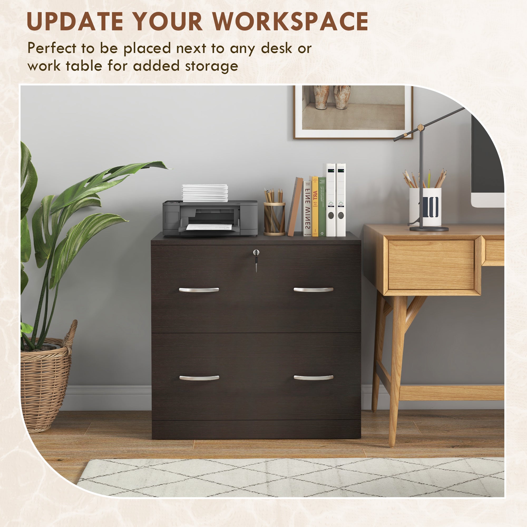 2 Drawer File Cabinet with Lock, Office Filing Cabinet, Hanging Bar for Letter Size, Home Office, Espresso-Office Products > Office Furniture > Office Cabinets & Cupboards-DECOROLALA