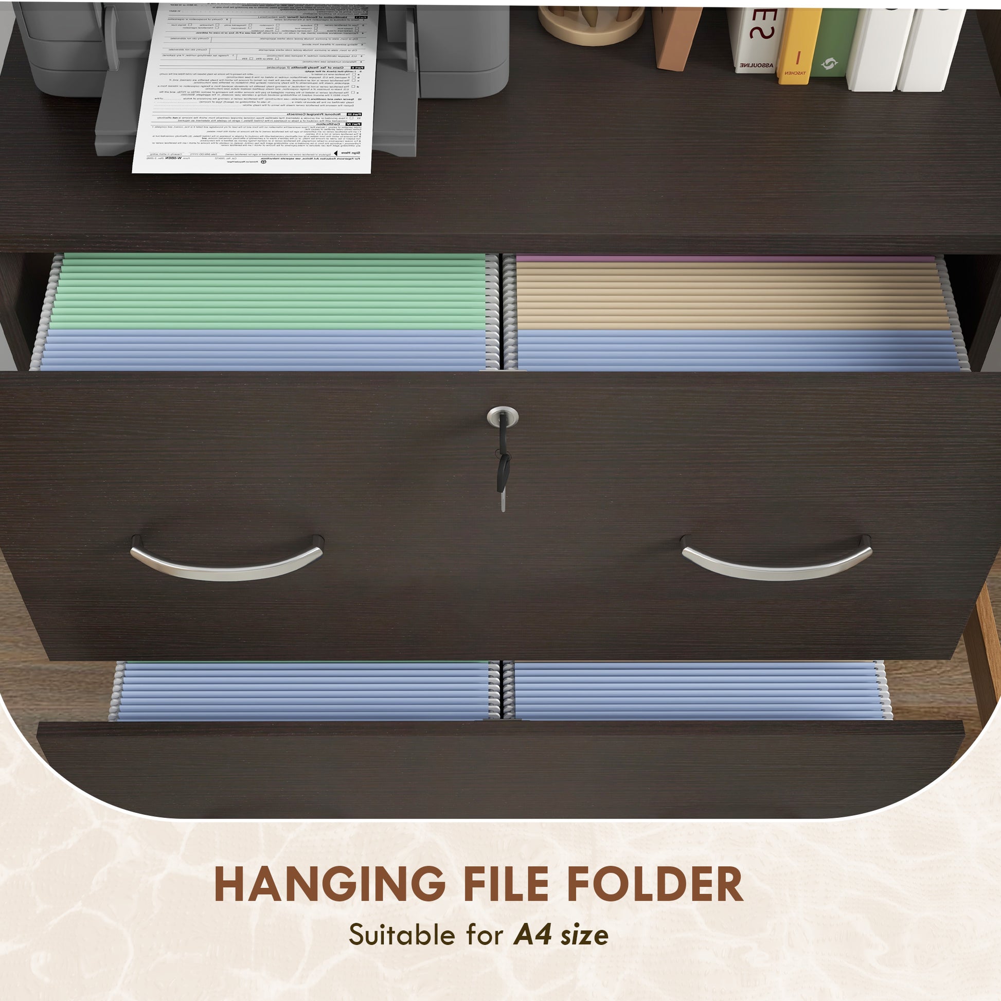 2 Drawer File Cabinet with Lock, Office Filing Cabinet, Hanging Bar for Letter Size, Home Office, Espresso-Office Products > Office Furniture > Office Cabinets & Cupboards-DECOROLALA