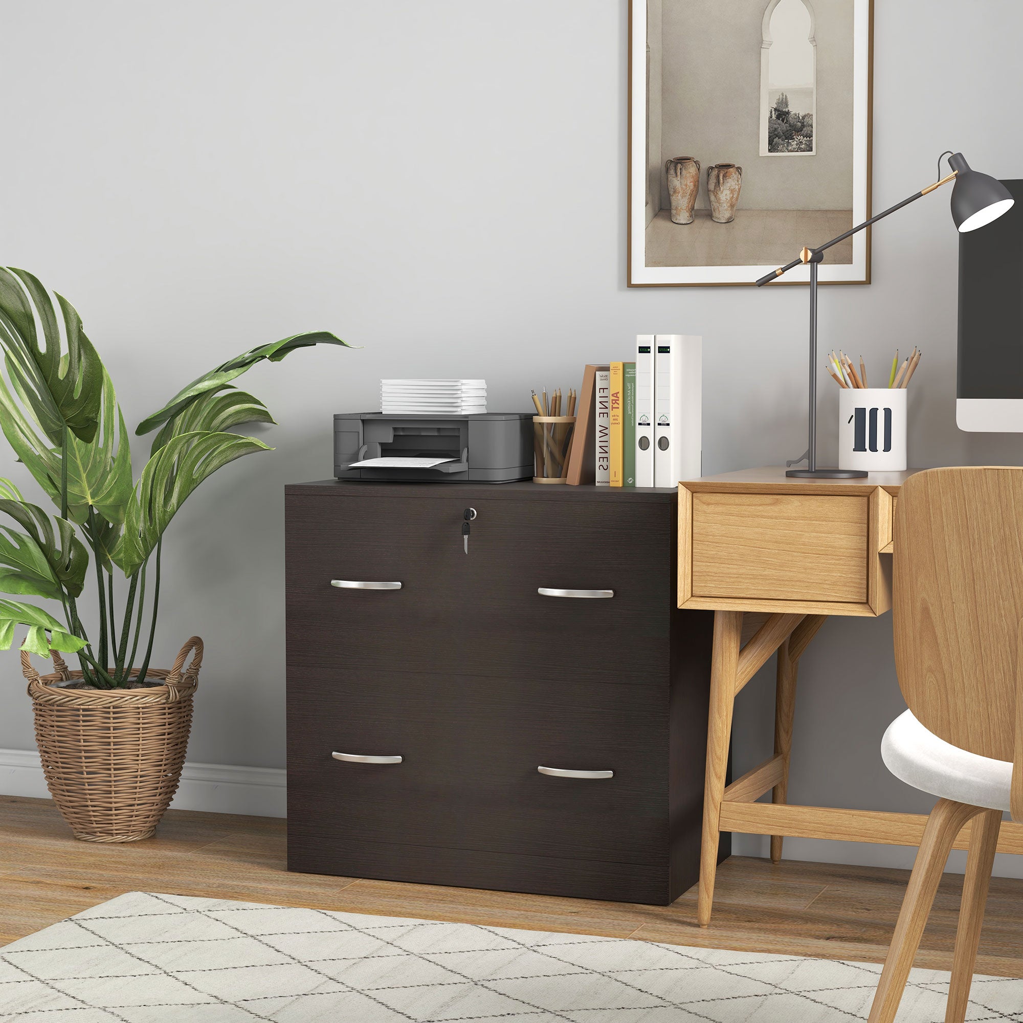 2 Drawer File Cabinet with Lock, Office Filing Cabinet, Hanging Bar for Letter Size, Home Office, Espresso-Office Products > Office Furniture > Office Cabinets & Cupboards-DECOROLALA