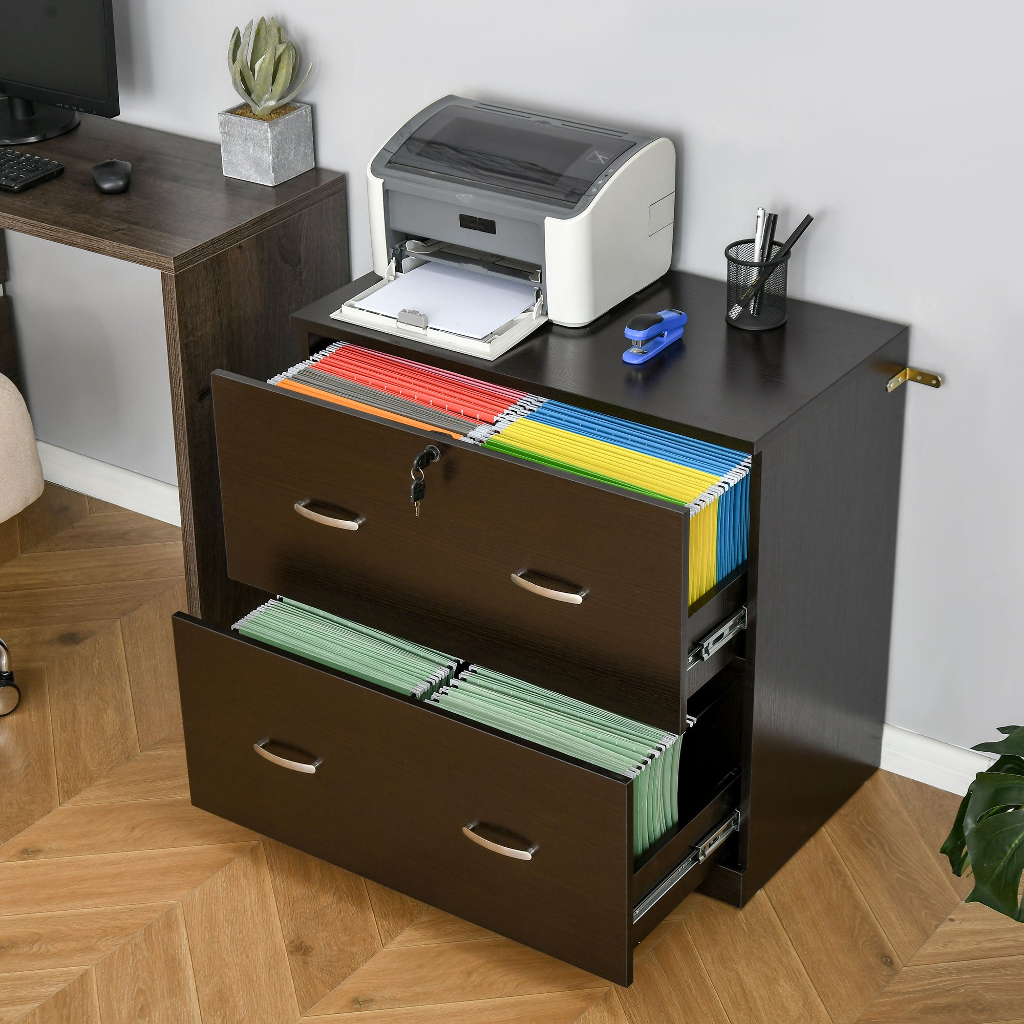 2 Drawer File Cabinet with Lock, Office Filing Cabinet, Hanging Bar for Letter Size, Home Office, Espresso-Office Products > Office Furniture > Office Cabinets & Cupboards-DECOROLALA