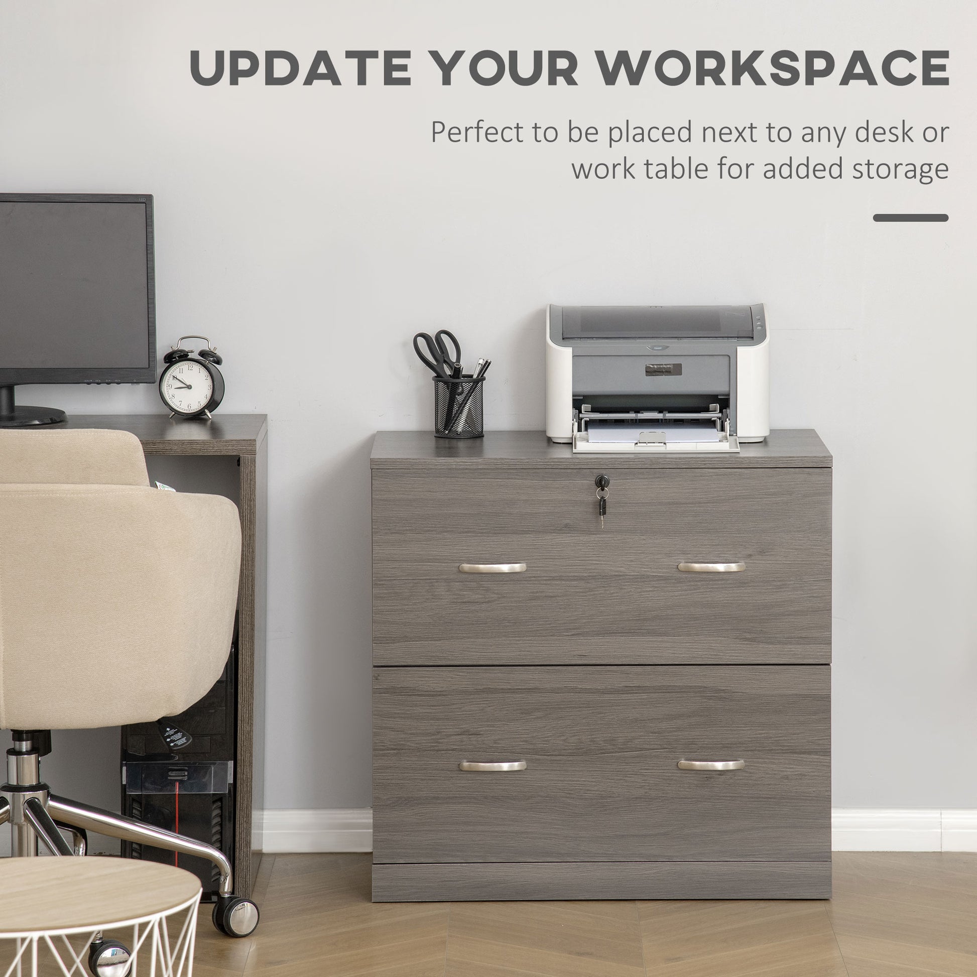 2 Drawer File Cabinet with Lock, Office Filing Cabinet, Hanging Bar for Letter Size, Home Office, Grey-Office Products > Office Furniture > Office Cabinets & Cupboards-DECOROLALA