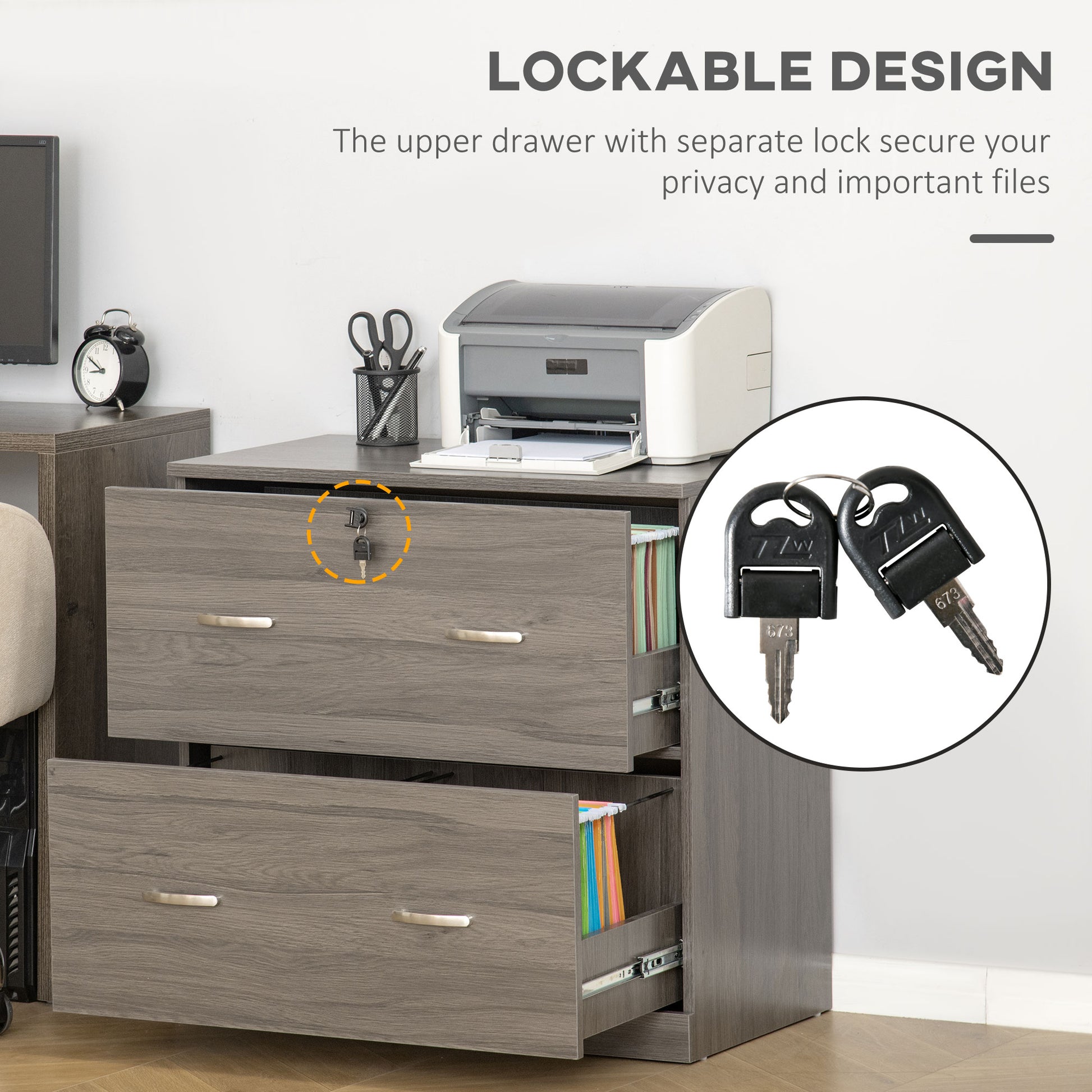 2 Drawer File Cabinet with Lock, Office Filing Cabinet, Hanging Bar for Letter Size, Home Office, Grey-Office Products > Office Furniture > Office Cabinets & Cupboards-DECOROLALA