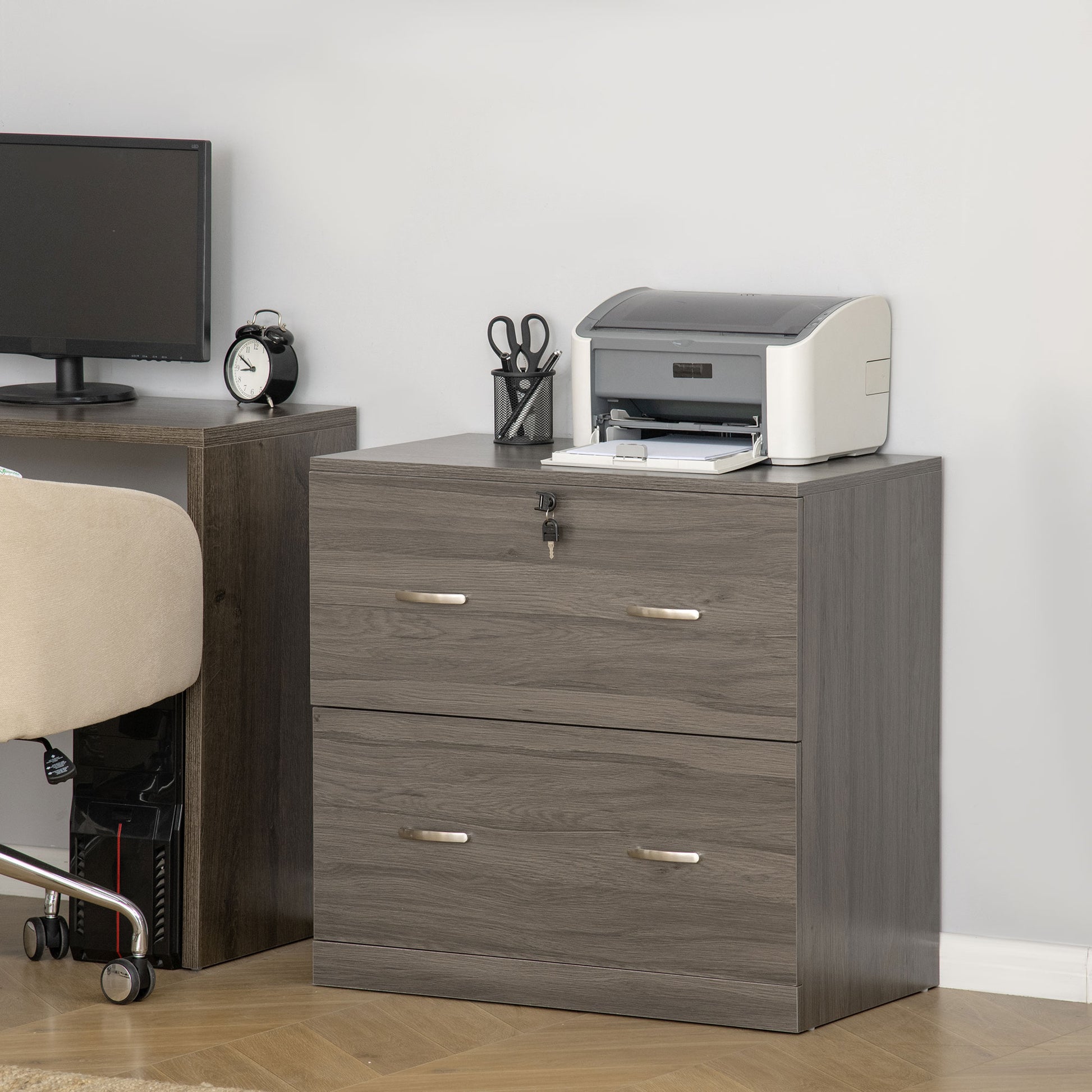 2 Drawer File Cabinet with Lock, Office Filing Cabinet, Hanging Bar for Letter Size, Home Office, Grey-Office Products > Office Furniture > Office Cabinets & Cupboards-DECOROLALA