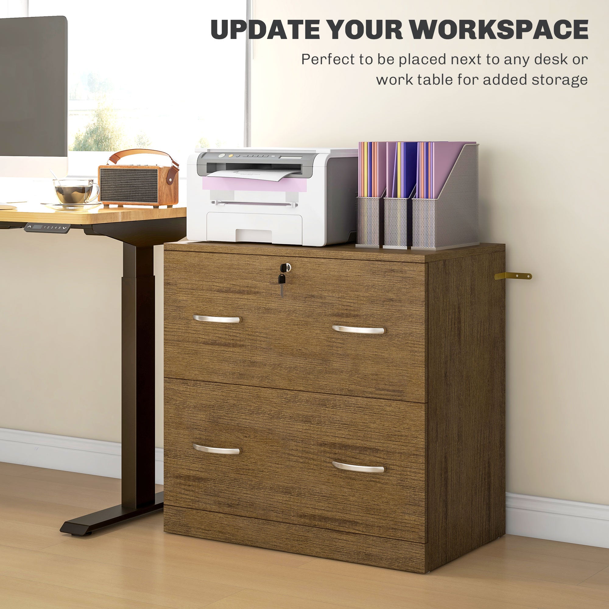 2 Drawer File Cabinet with Lock, Office Filing Cabinet, Hanging Bar for Letter Size, Home Office, Light Brown-Office Products > Office Furniture > Office Cabinets & Cupboards-DECOROLALA
