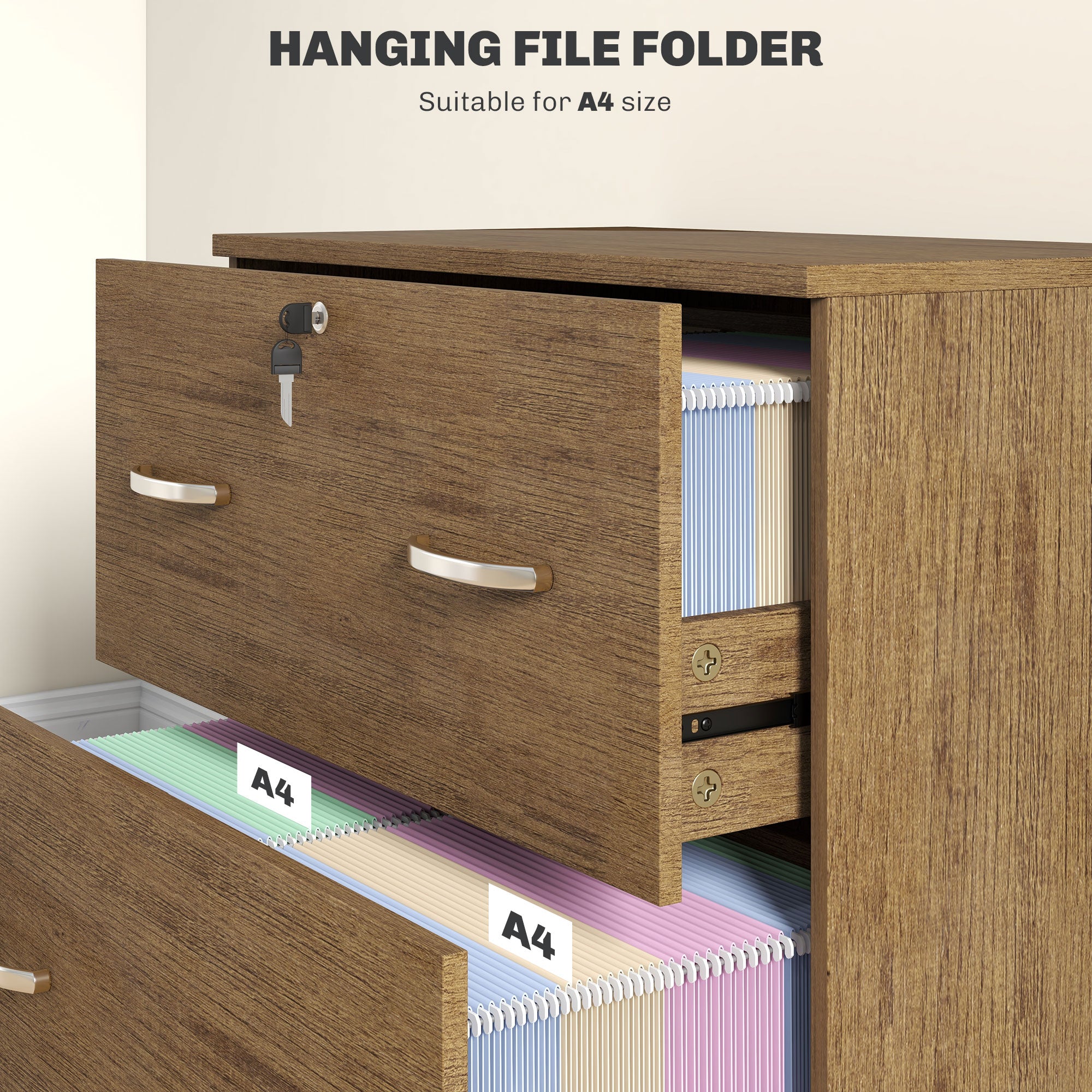 2 Drawer File Cabinet with Lock, Office Filing Cabinet, Hanging Bar for Letter Size, Home Office, Light Brown-Office Products > Office Furniture > Office Cabinets & Cupboards-DECOROLALA