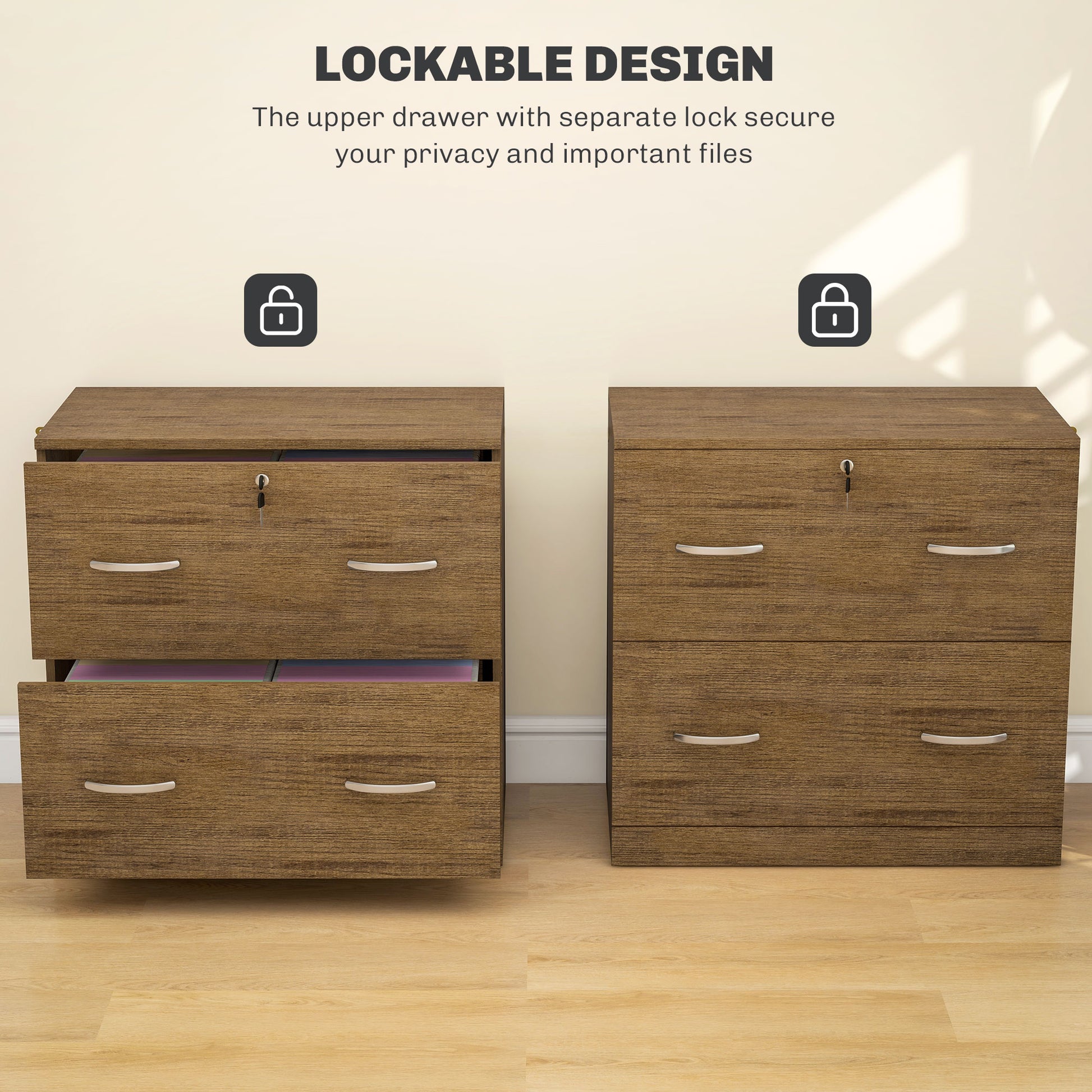 2 Drawer File Cabinet with Lock, Office Filing Cabinet, Hanging Bar for Letter Size, Home Office, Light Brown-Office Products > Office Furniture > Office Cabinets & Cupboards-DECOROLALA