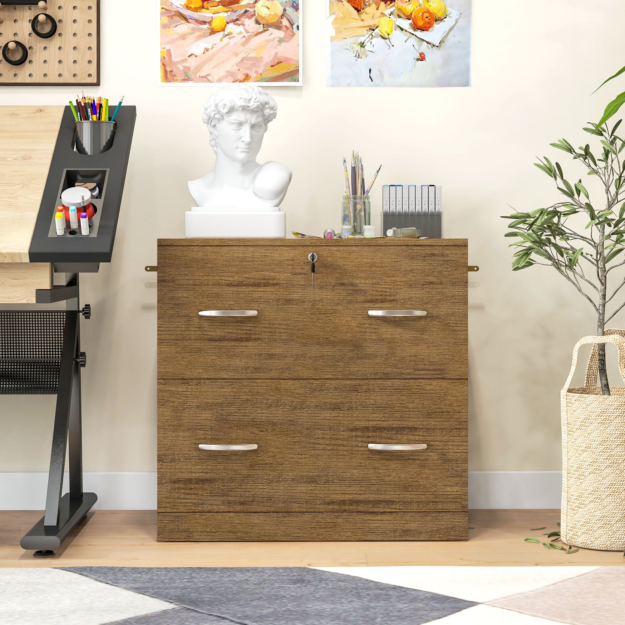 2 Drawer File Cabinet with Lock, Office Filing Cabinet, Hanging Bar for Letter Size, Home Office, Light Brown-Office Products > Office Furniture > Office Cabinets & Cupboards-DECOROLALA