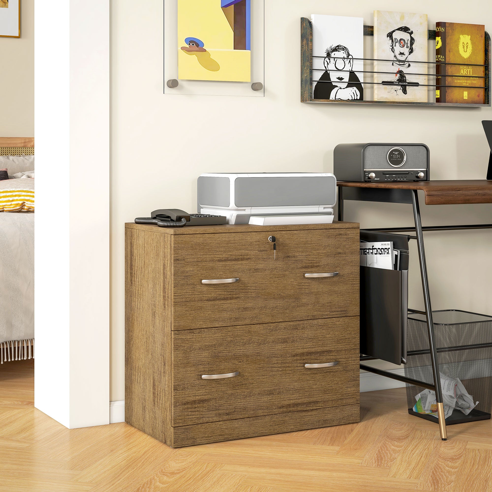 2 Drawer File Cabinet with Lock, Office Filing Cabinet, Hanging Bar for Letter Size, Home Office, Light Brown-Office Products > Office Furniture > Office Cabinets & Cupboards-DECOROLALA