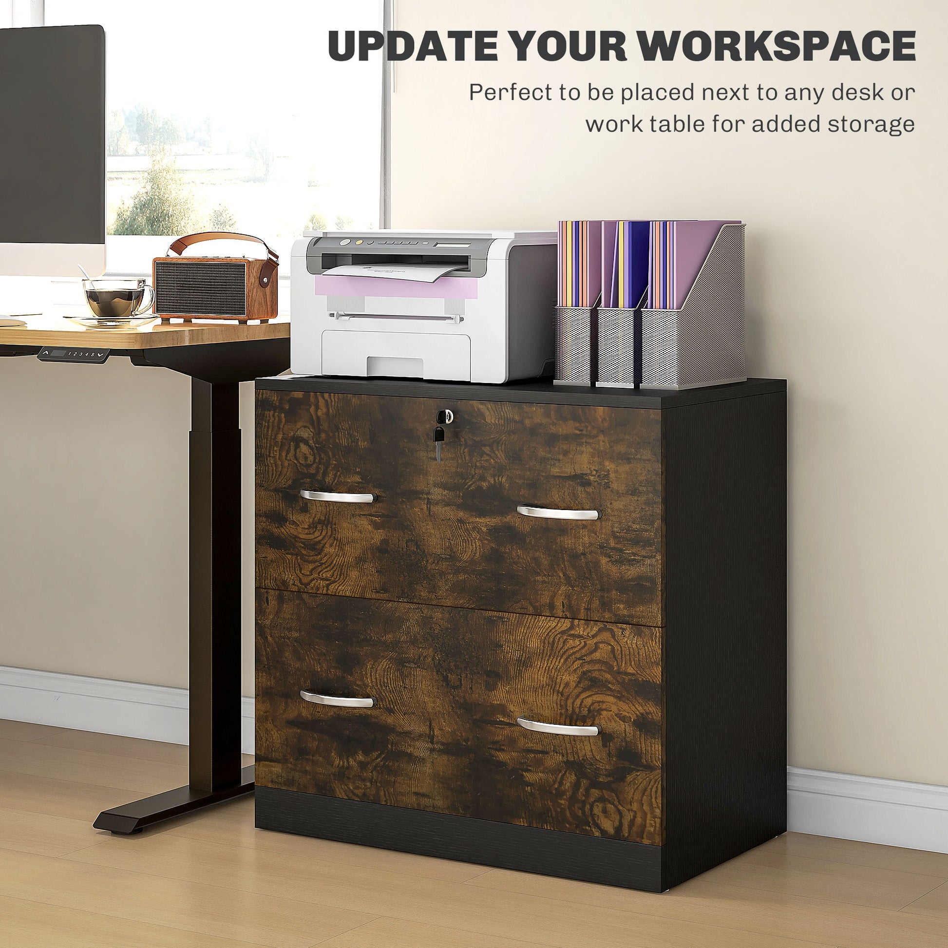 2 Drawer File Cabinet with Lock, Office Filing Cabinet, Hanging Bar for Letter Size, Home Office, Rustic Brown-Office Products > Office Furniture > Office Cabinets & Cupboards-DECOROLALA