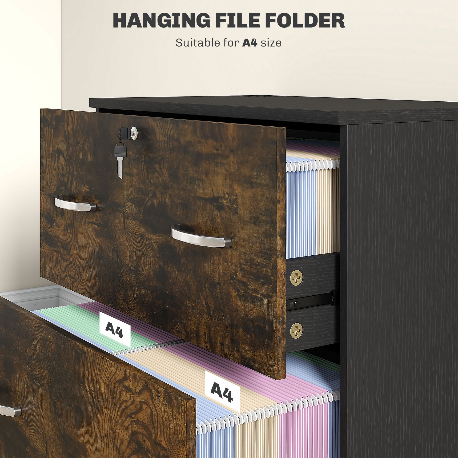 2 Drawer File Cabinet with Lock, Office Filing Cabinet, Hanging Bar for Letter Size, Home Office, Rustic Brown-Office Products > Office Furniture > Office Cabinets & Cupboards-DECOROLALA