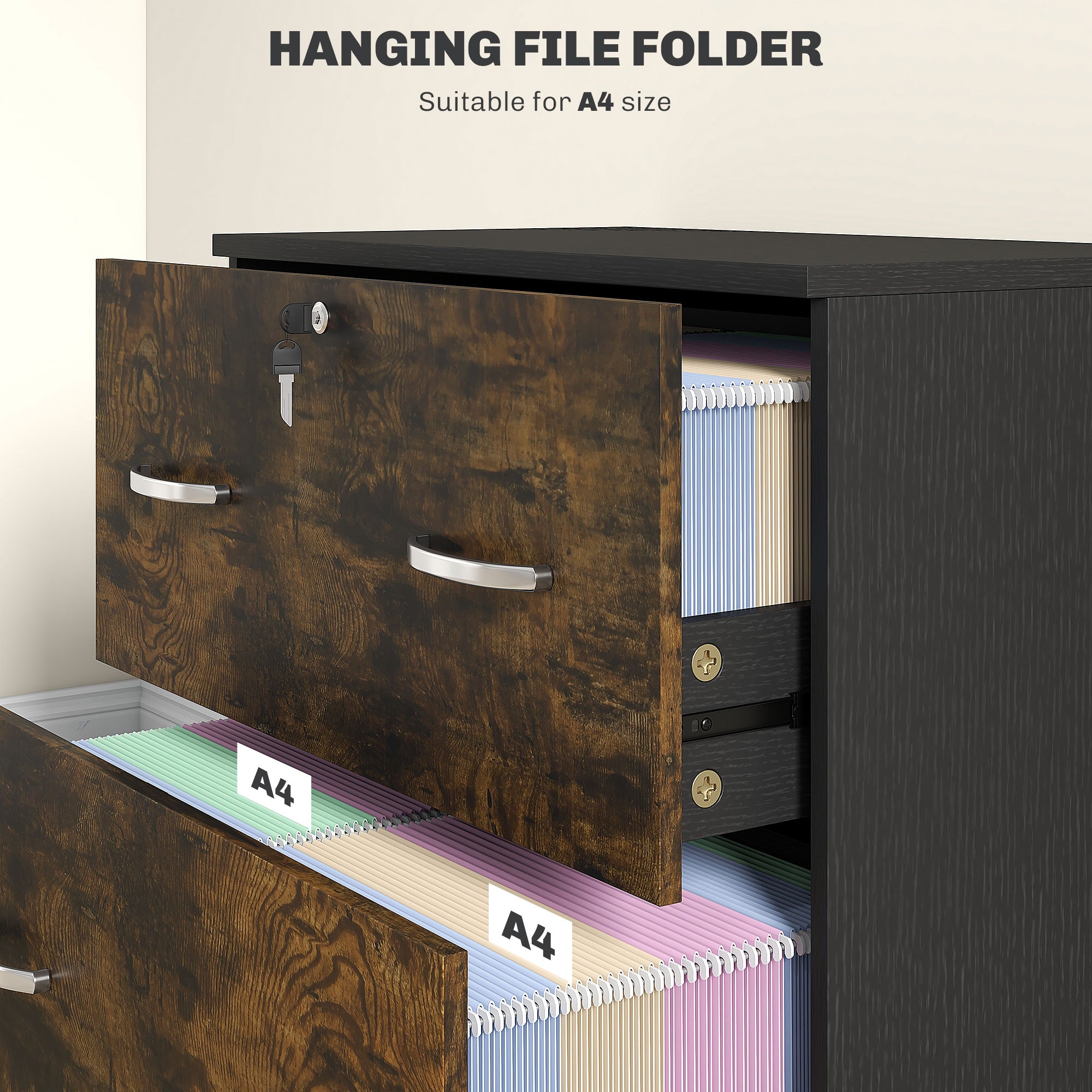 2 Drawer File Cabinet with Lock, Office Filing Cabinet, Hanging Bar for Letter Size, Home Office, Rustic Brown-Office Products > Office Furniture > Office Cabinets & Cupboards-DECOROLALA