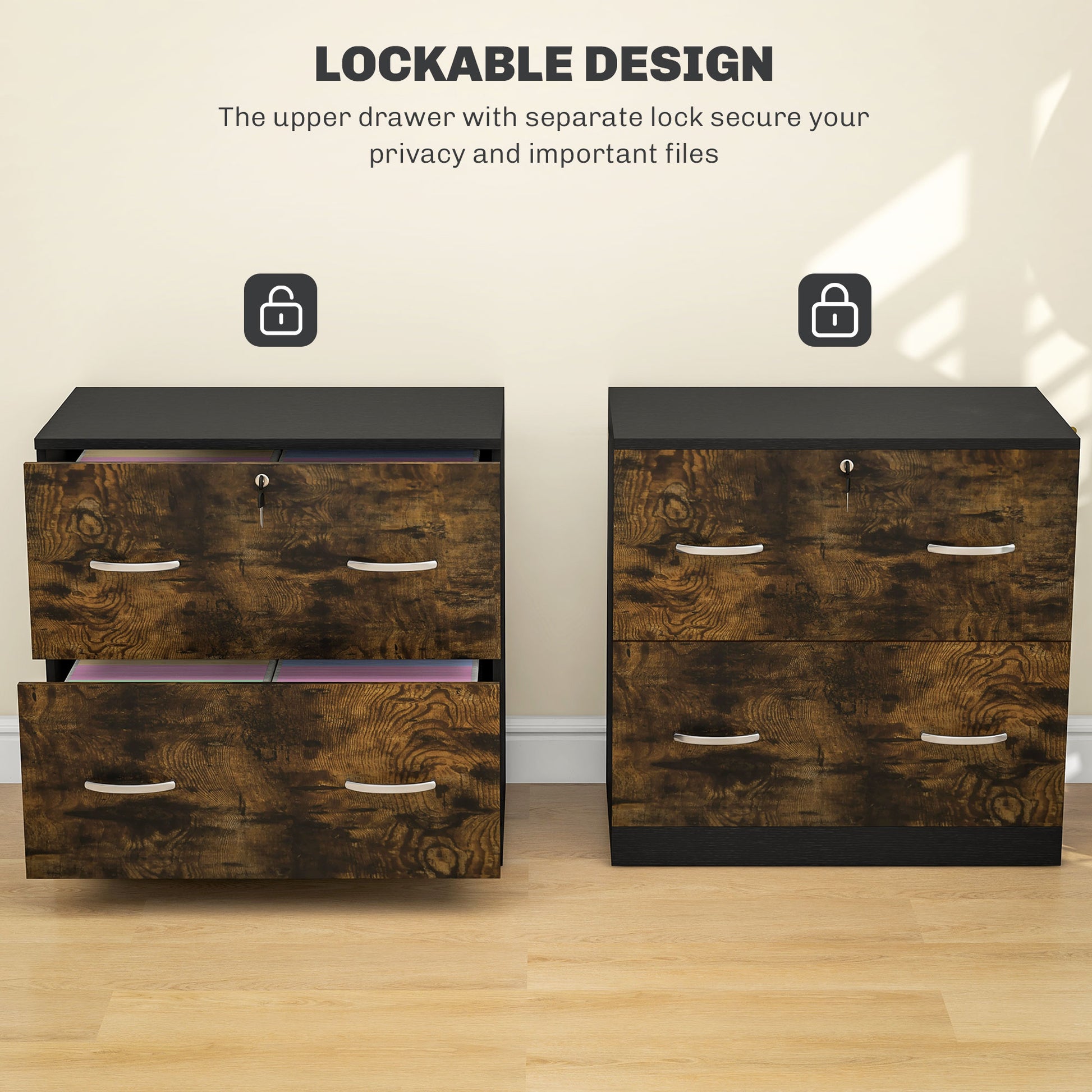 2 Drawer File Cabinet with Lock, Office Filing Cabinet, Hanging Bar for Letter Size, Home Office, Rustic Brown-Office Products > Office Furniture > Office Cabinets & Cupboards-DECOROLALA
