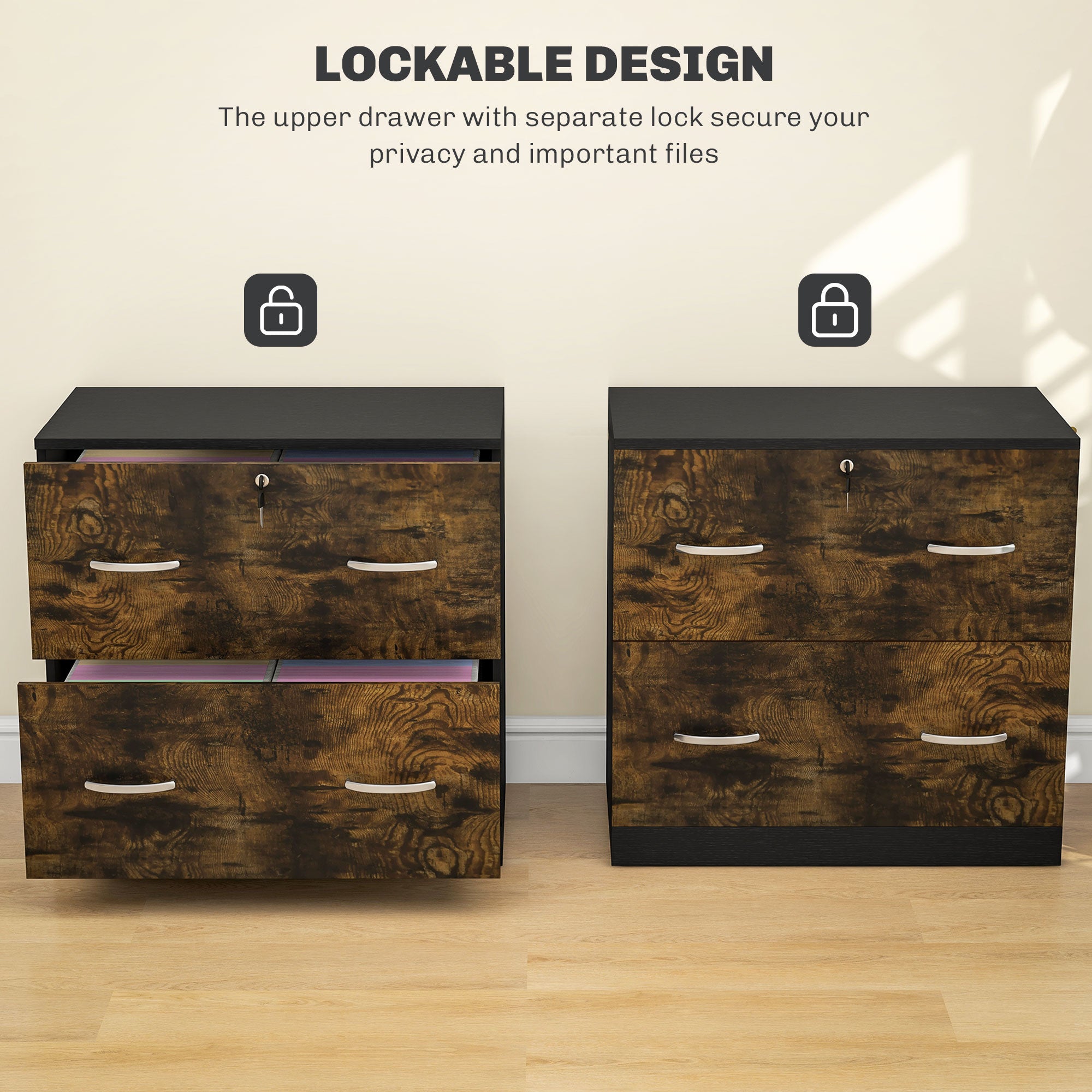 2 Drawer File Cabinet with Lock, Office Filing Cabinet, Hanging Bar for Letter Size, Home Office, Rustic Brown-Office Products > Office Furniture > Office Cabinets & Cupboards-DECOROLALA