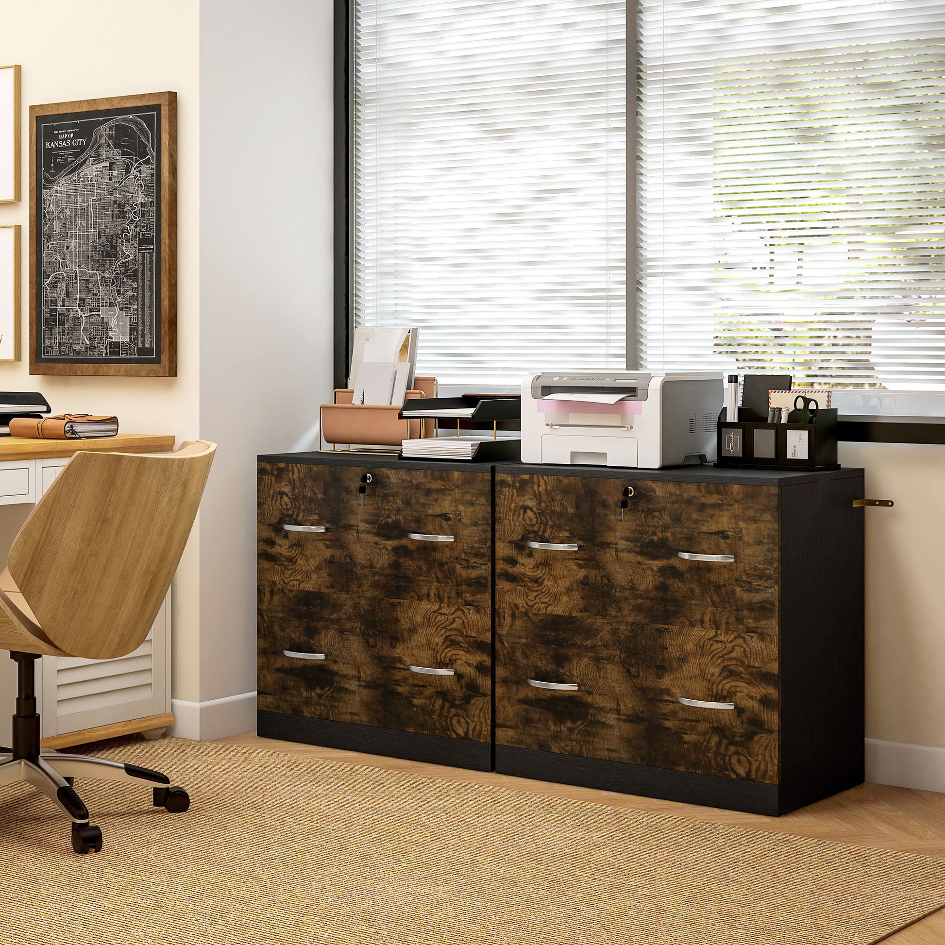 2 Drawer File Cabinet with Lock, Office Filing Cabinet, Hanging Bar for Letter Size, Home Office, Rustic Brown-Office Products > Office Furniture > Office Cabinets & Cupboards-DECOROLALA