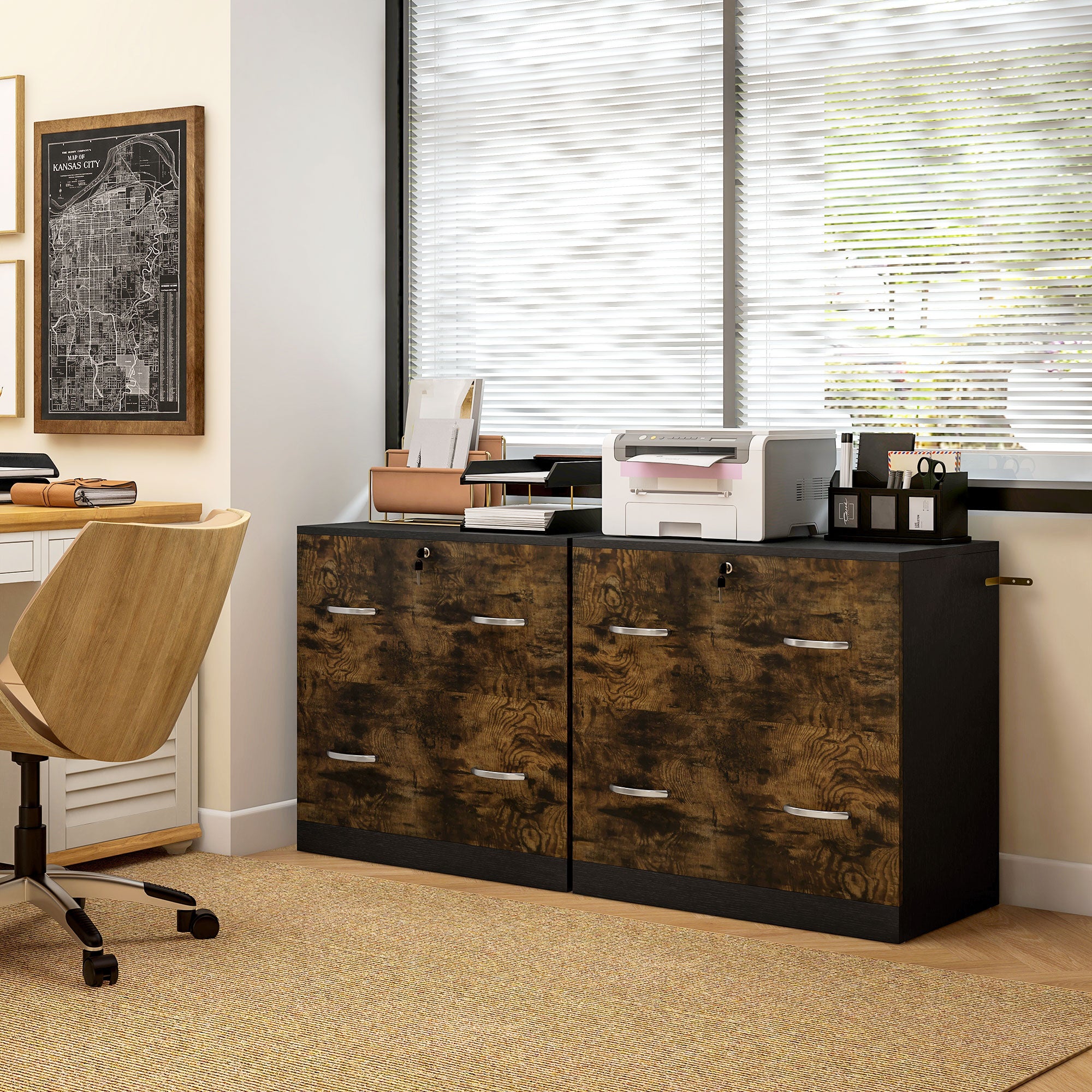 2 Drawer File Cabinet with Lock, Office Filing Cabinet, Hanging Bar for Letter Size, Home Office, Rustic Brown-Office Products > Office Furniture > Office Cabinets & Cupboards-DECOROLALA