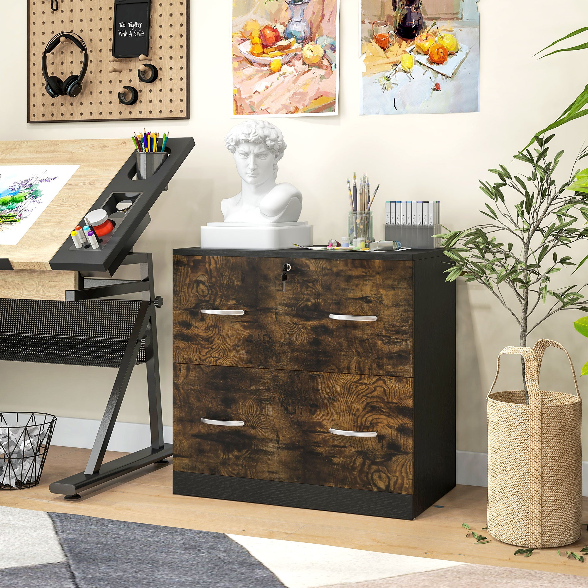 2 Drawer File Cabinet with Lock, Office Filing Cabinet, Hanging Bar for Letter Size, Home Office, Rustic Brown-Office Products > Office Furniture > Office Cabinets & Cupboards-DECOROLALA