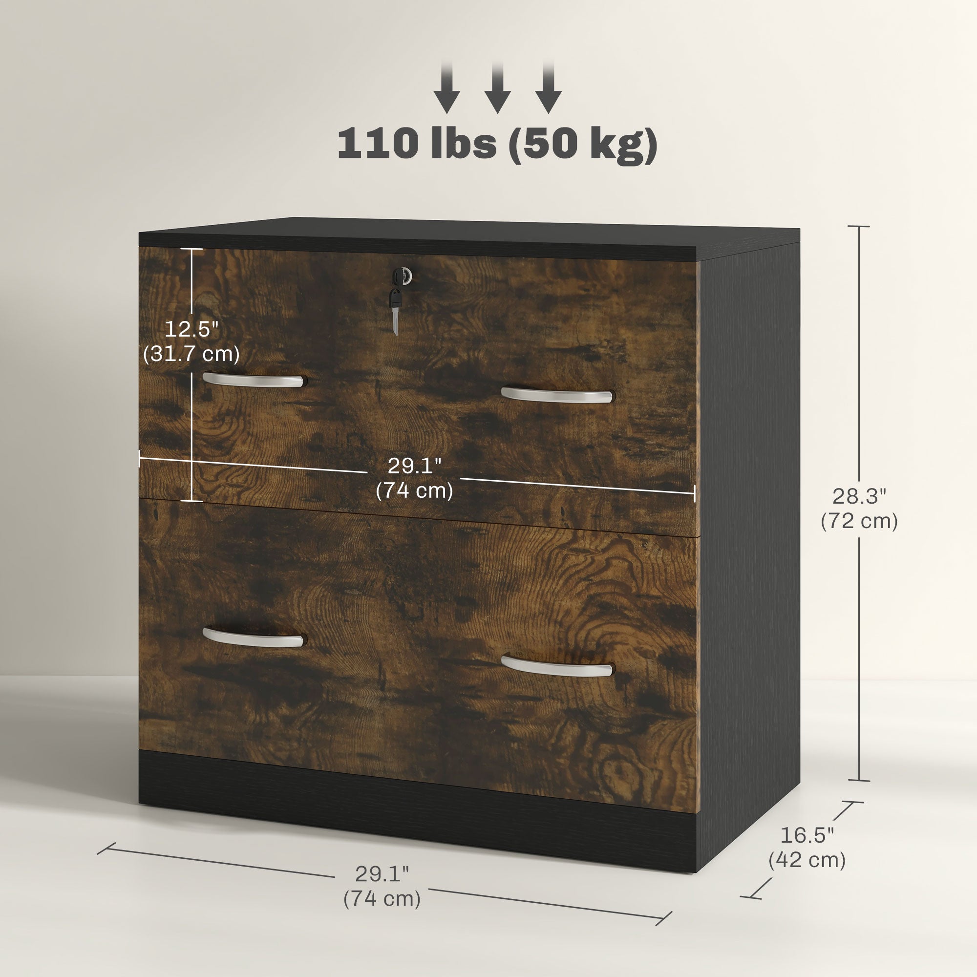 2-Drawer File Cabinet with Lock - Rustic Brown Letter Size-Office Products > Office Furniture > Office Cabinets & Cupboards-DECOROLALA