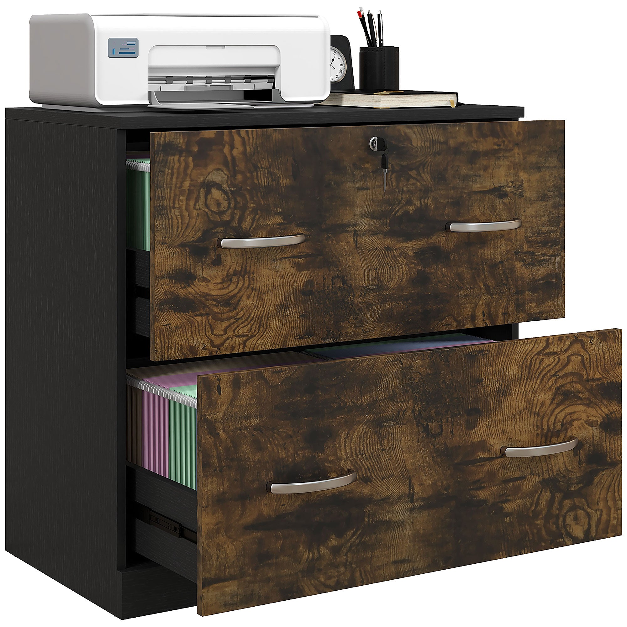 2-Drawer File Cabinet with Lock - Rustic Brown Letter Size-Office Products > Office Furniture > Office Cabinets & Cupboards-DECOROLALA