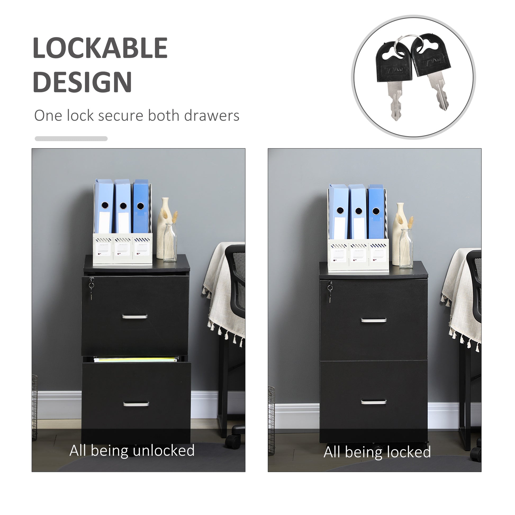 2 Drawer File Cabinet with Lock, Small Rolling Filing Cabinet for A4, Letter-Size Documents, Printer Stand for Home Office, 17" x 17.75" x 28.25", Black-Office Products > Office Furniture > Office Cabinets & Cupboards-DECOROLALA
