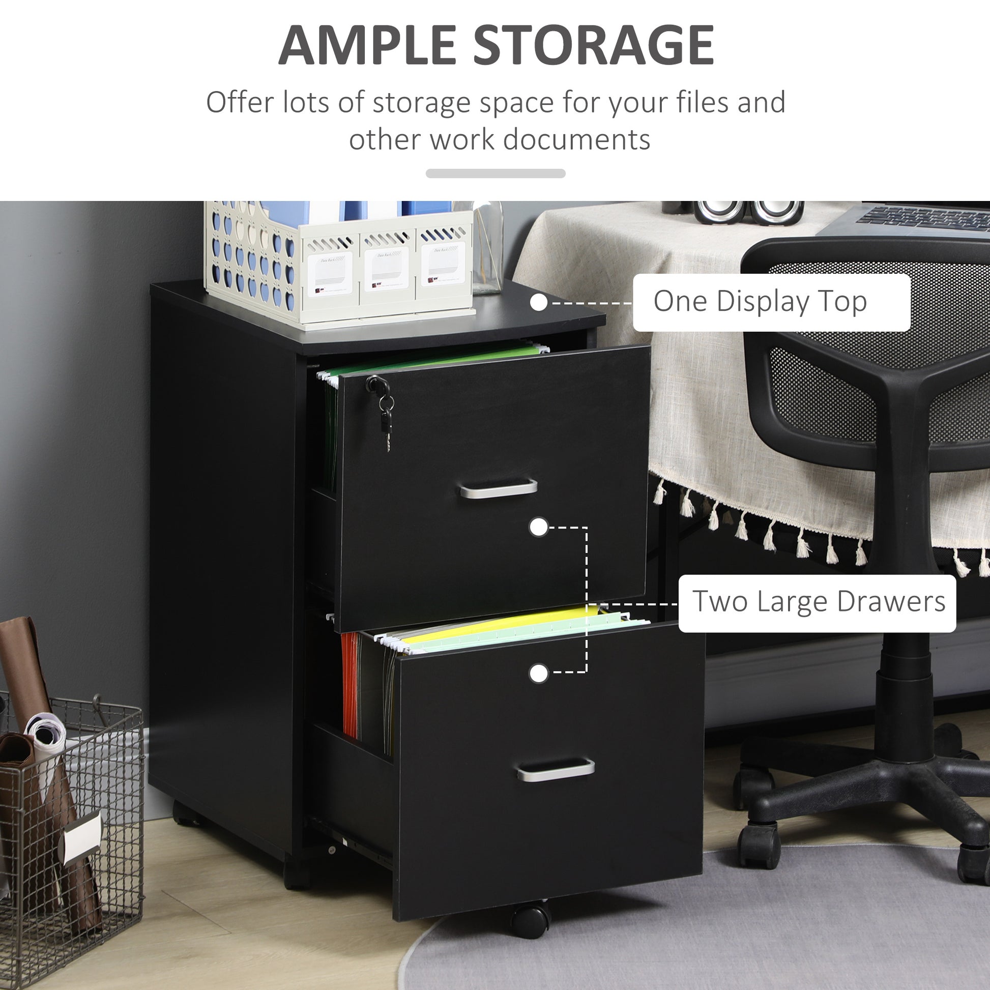 2 Drawer File Cabinet with Lock, Small Rolling Filing Cabinet for A4, Letter-Size Documents, Printer Stand for Home Office, 17" x 17.75" x 28.25", Black-Office Products > Office Furniture > Office Cabinets & Cupboards-DECOROLALA