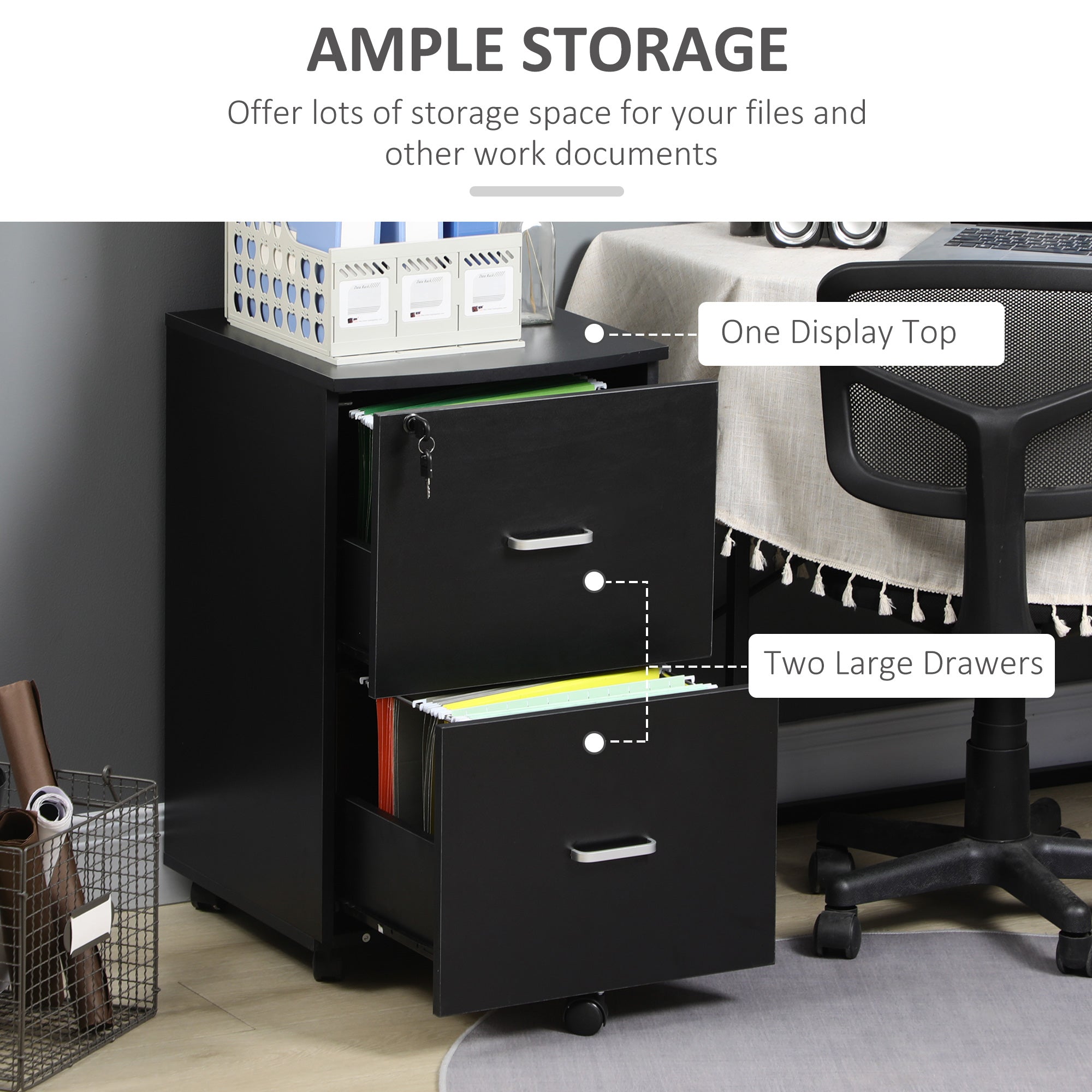 2 Drawer File Cabinet with Lock, Small Rolling Filing Cabinet for A4, Letter-Size Documents, Printer Stand for Home Office, 17" x 17.75" x 28.25", Black-Office Products > Office Furniture > Office Cabinets & Cupboards-DECOROLALA