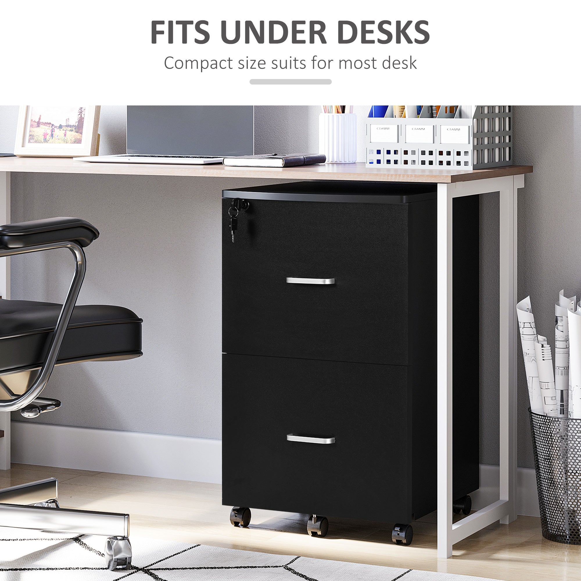 2 Drawer File Cabinet with Lock, Small Rolling Filing Cabinet for A4, Letter-Size Documents, Printer Stand for Home Office, 17" x 17.75" x 28.25", Black-Office Products > Office Furniture > Office Cabinets & Cupboards-DECOROLALA