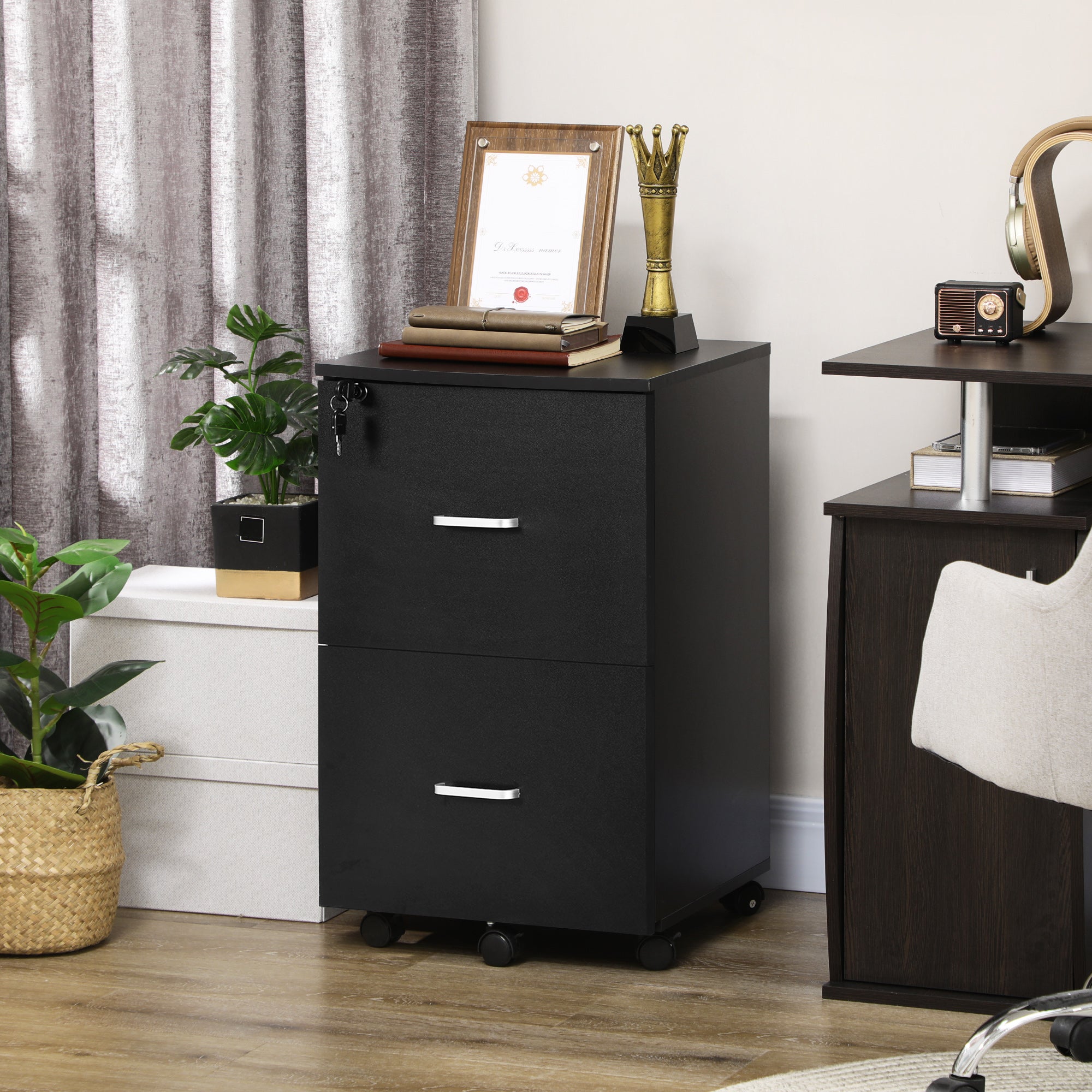 2 Drawer File Cabinet with Lock, Small Rolling Filing Cabinet for A4, Letter-Size Documents, Printer Stand for Home Office, 17" x 17.75" x 28.25", Black-Office Products > Office Furniture > Office Cabinets & Cupboards-DECOROLALA