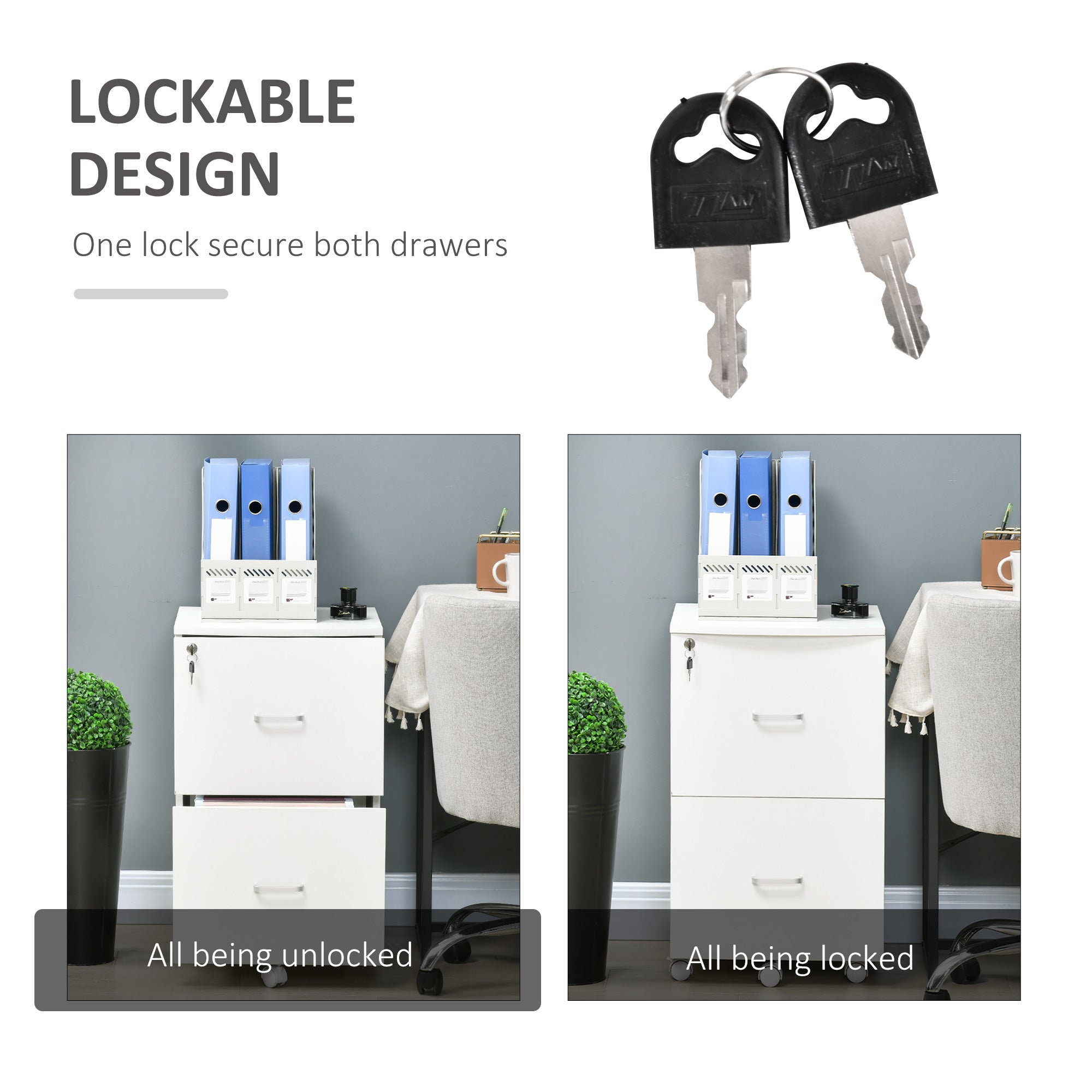 2 Drawer File Cabinet with Lock, Small Rolling Filing Cabinet for A4, Letter-Size Documents, Printer Stand for Home Office, 17" x 17.75" x 28.25", White-Office Products > Office Furniture > Office Cabinets & Cupboards-DECOROLALA