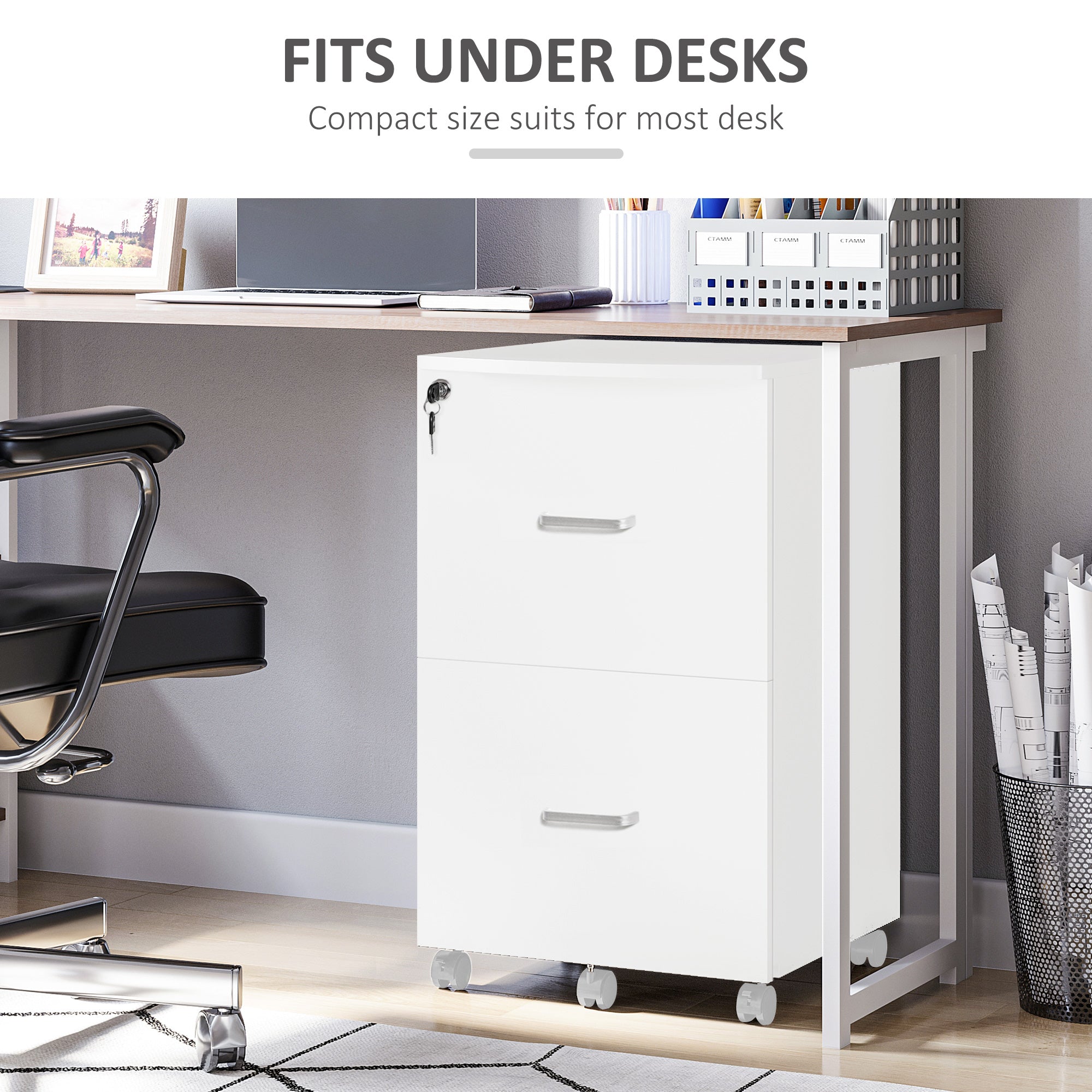 2 Drawer File Cabinet with Lock, Small Rolling Filing Cabinet for A4, Letter-Size Documents, Printer Stand for Home Office, 17" x 17.75" x 28.25", White-Office Products > Office Furniture > Office Cabinets & Cupboards-DECOROLALA