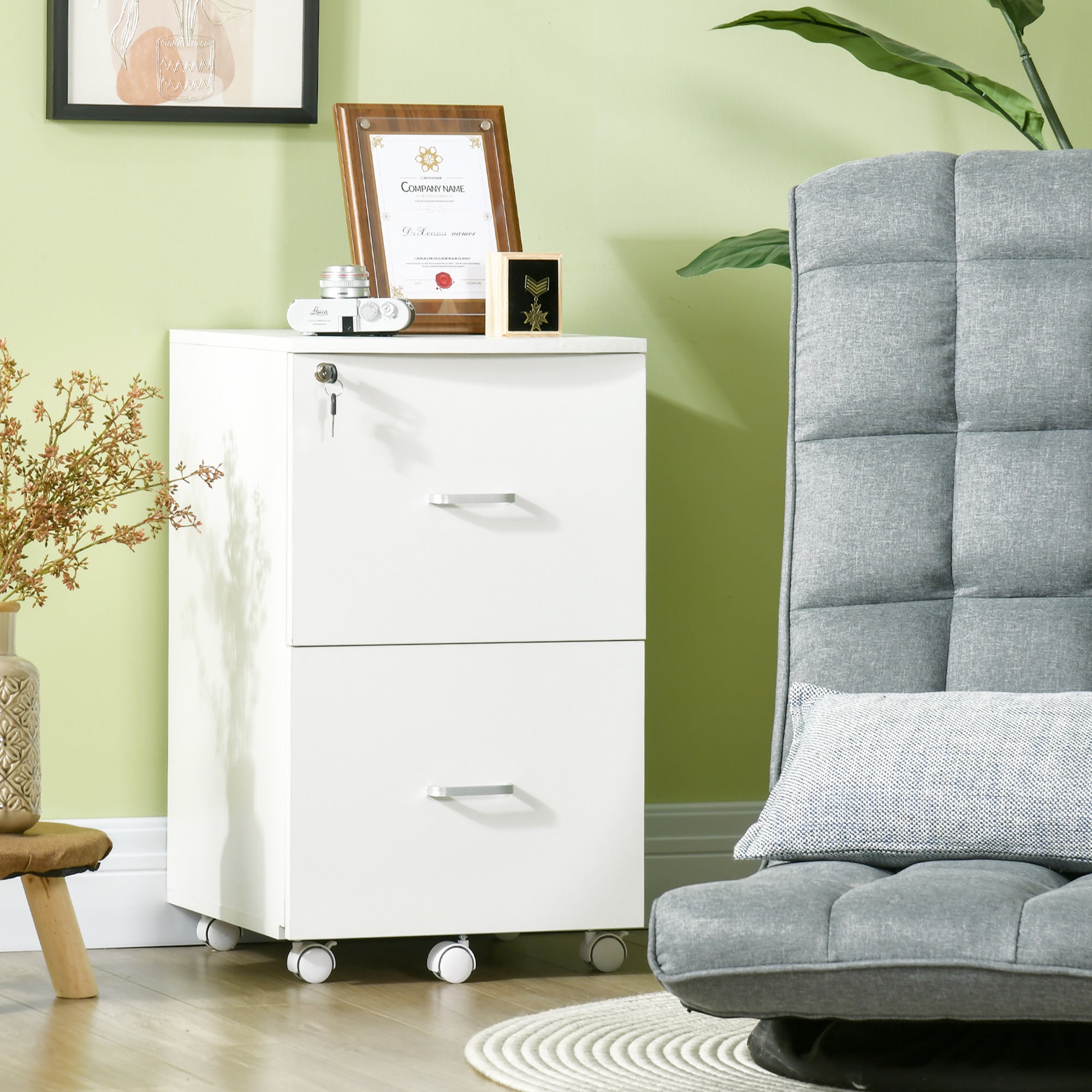 2 Drawer File Cabinet with Lock, Small Rolling Filing Cabinet for A4, Letter-Size Documents, Printer Stand for Home Office, 17" x 17.75" x 28.25", White-Office Products > Office Furniture > Office Cabinets & Cupboards-DECOROLALA