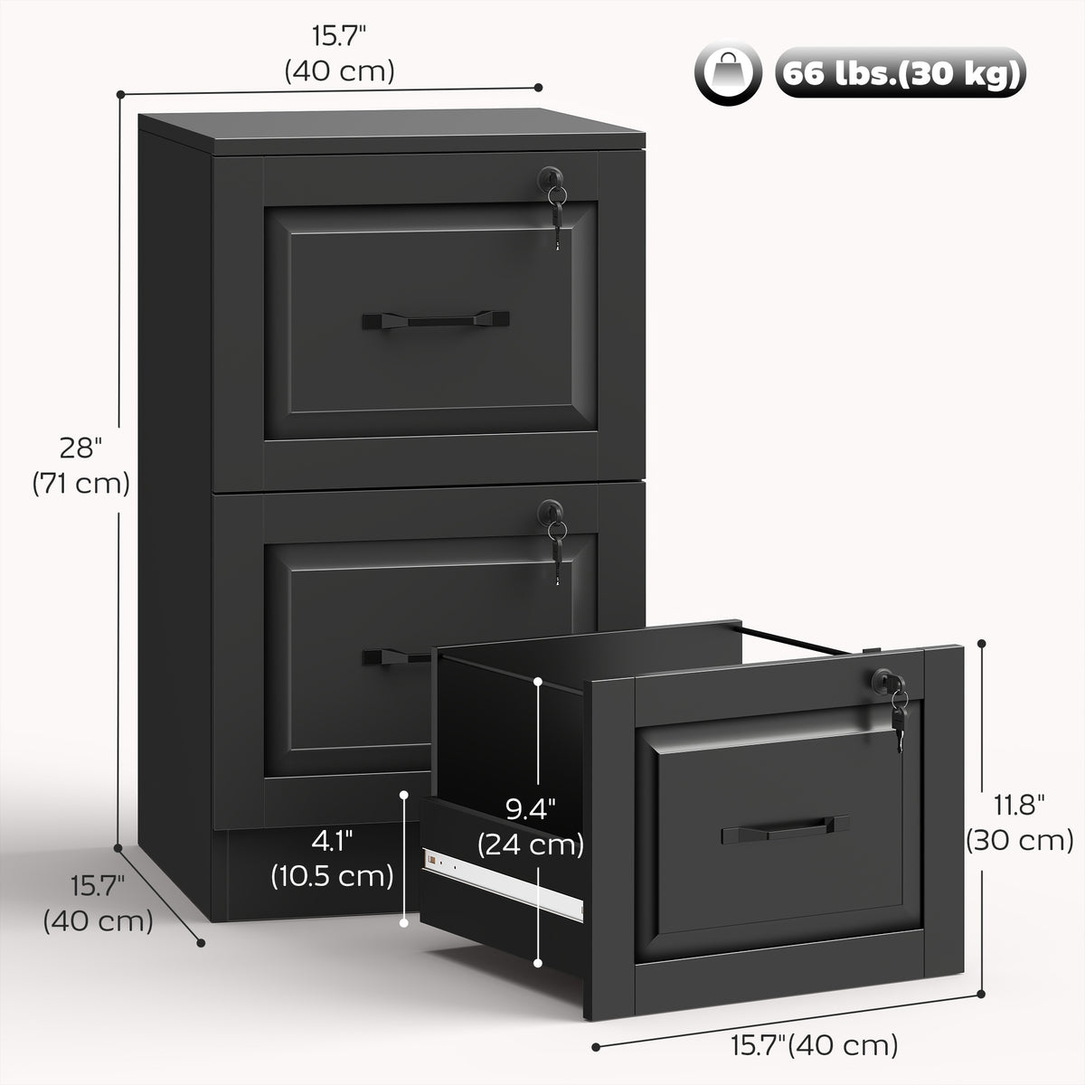 2 Drawer File Cabinet with Lock, Vertical Filing Cabinet with Adjustable Hanging Bars for A4 and Letter Size, Black-Office Storage Cabinets-DECOROLALA